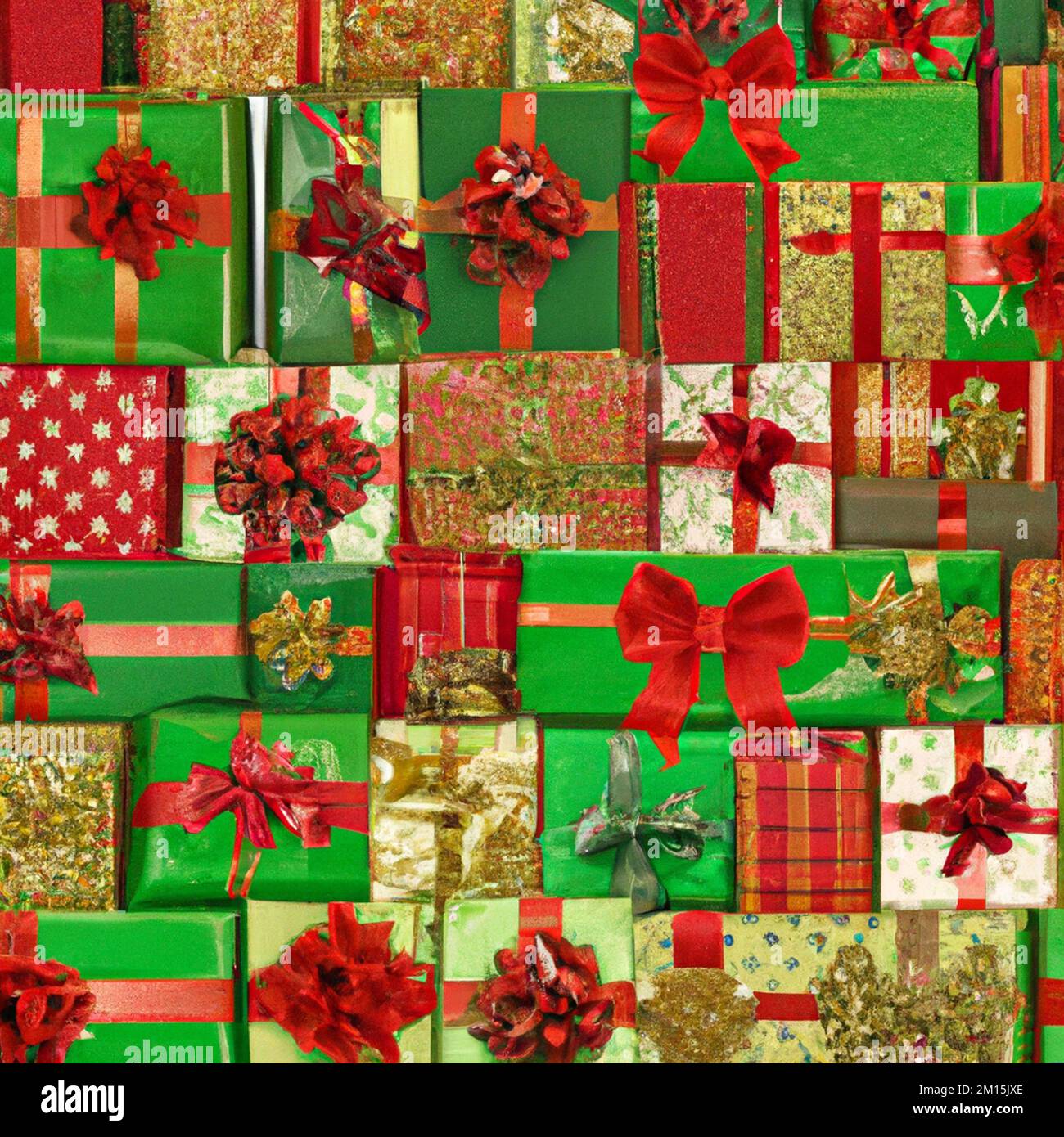 Holiday gift packages, wrapped green boxes, with gold ribbons and red bows. Background with colorful decorated gift boxes. Stock Photo