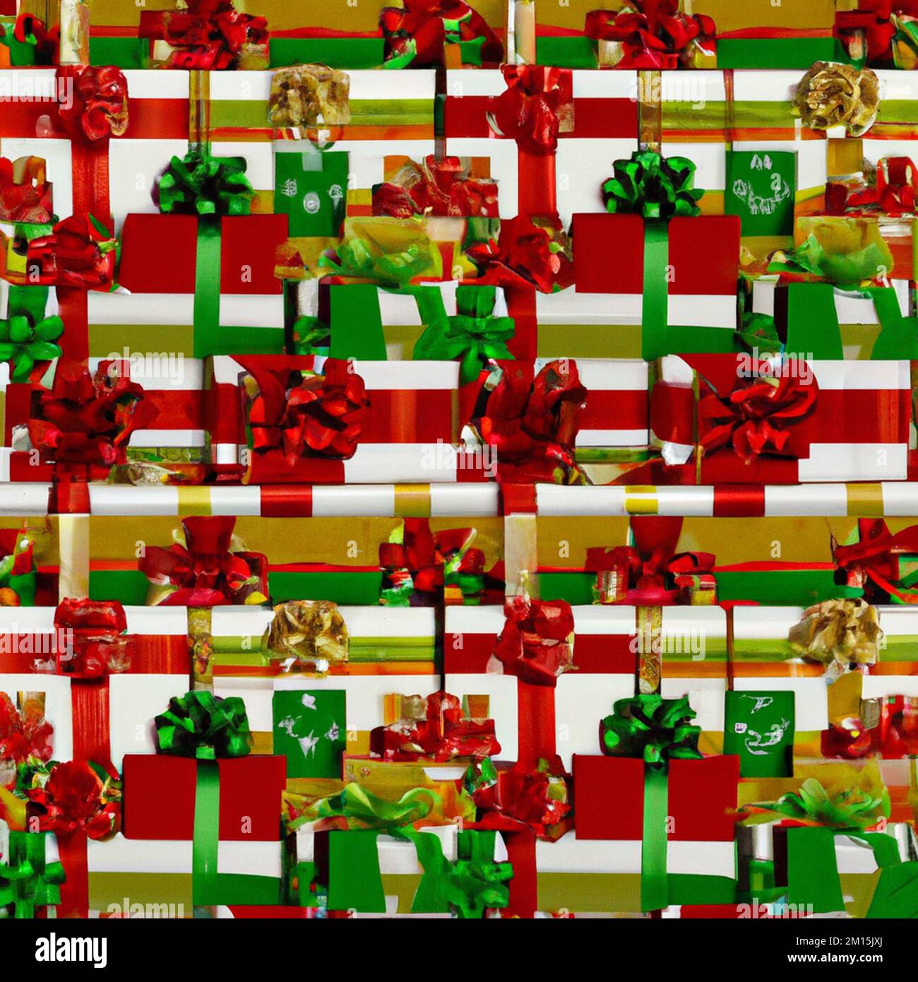 Holiday gift packages, wrapped with ribbons and bows. Background with colorful decorated gift boxes. Stock Photo