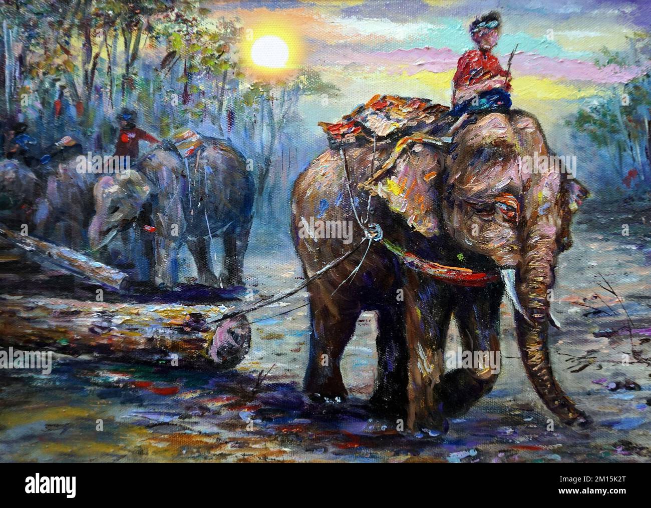 Art painting Acrylic color Elephant family , elephant hauling logs ...