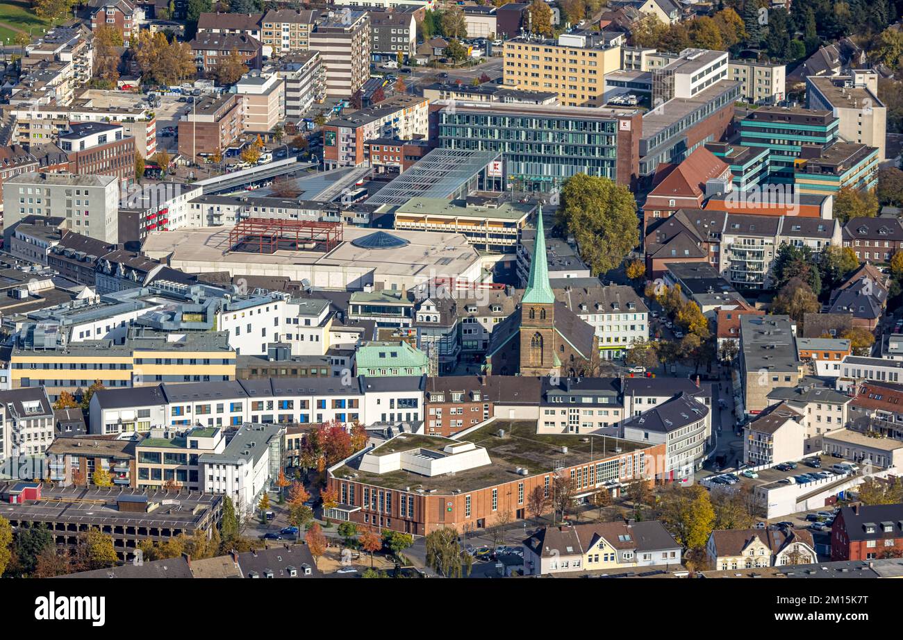 Aerial view, city center view with catholic church St. Cyriakus in the district Altstadt in Bottrop, Ruhr area, North Rhine-Westphalia, Germany, Old T Stock Photo