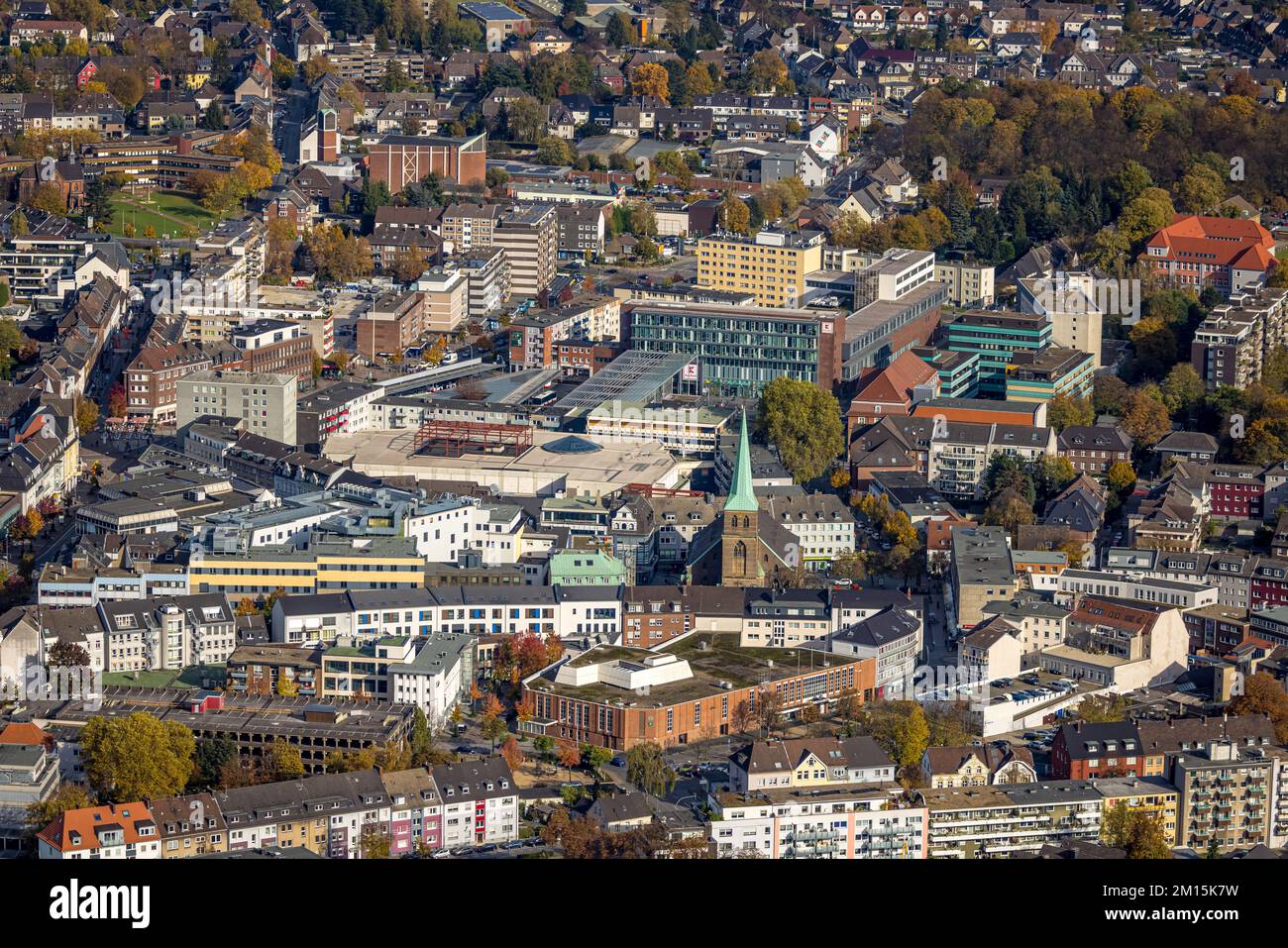 Aerial view, downtown with catholic church St. Cyriakus in the district Altstadt in Bottrop, Ruhr area, North Rhine-Westphalia, Germany, Old Town, Bot Stock Photo