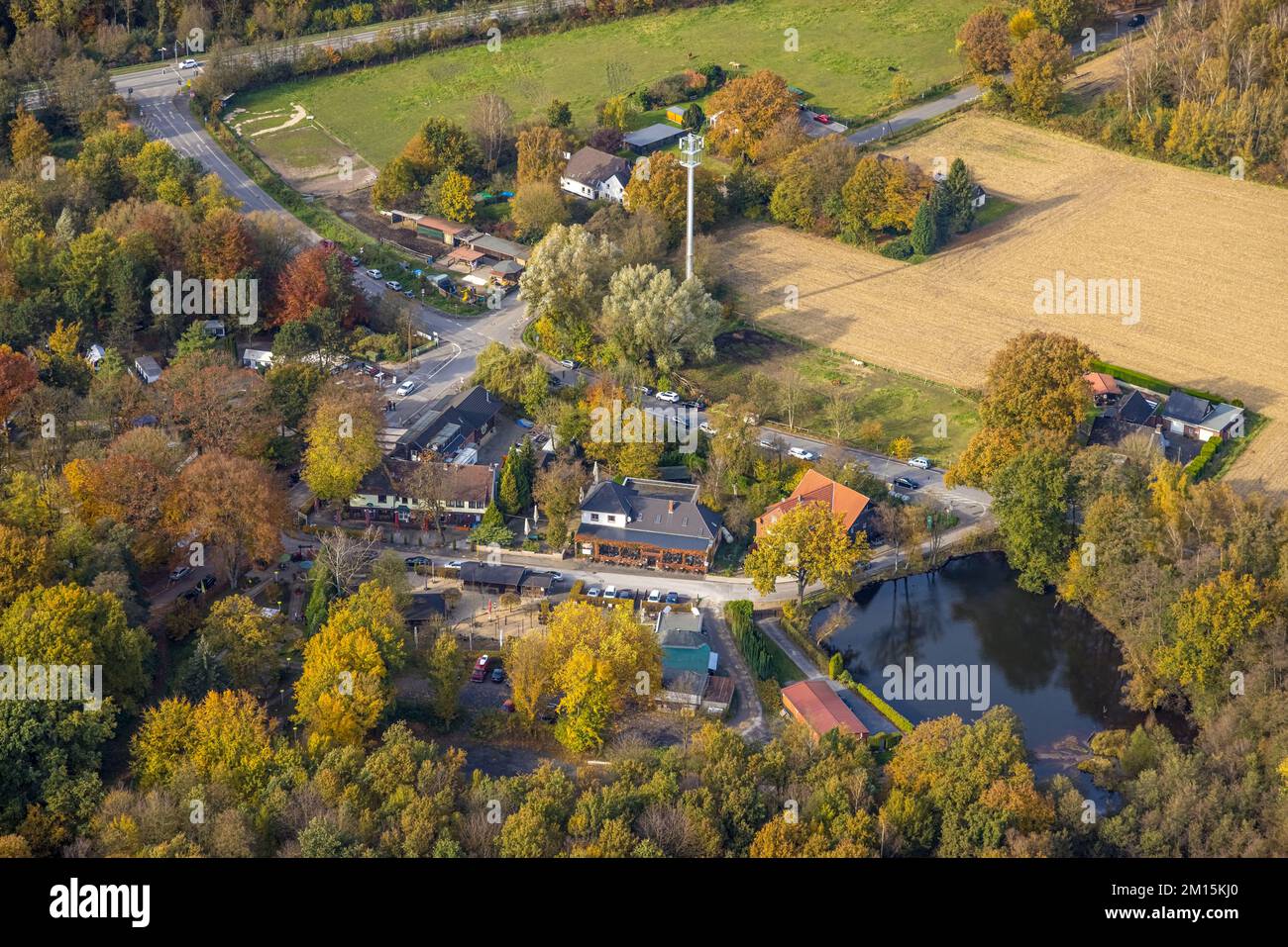 Aerial view, Grafenmühle Gastronomy with Woodpeckers Roadhouse in the district Kirchhellen-Süd in Bottrop, Ruhr area, North Rhine-Westphalia, Germany, Stock Photo