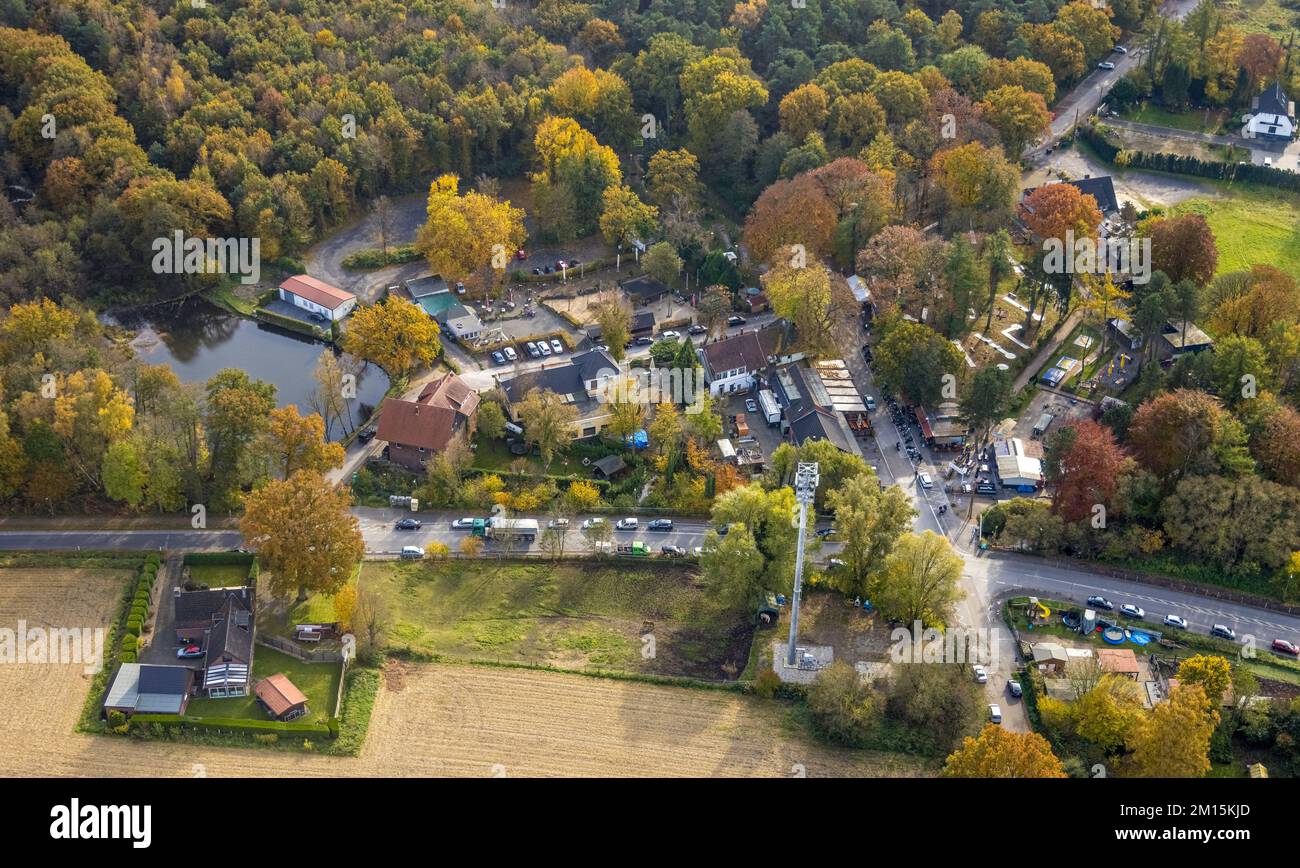Aerial view, Grafenmühle Gastronomy with Woodpeckers Roadhouse in the district Kirchhellen-Süd in Bottrop, Ruhr area, North Rhine-Westphalia, Germany, Stock Photo