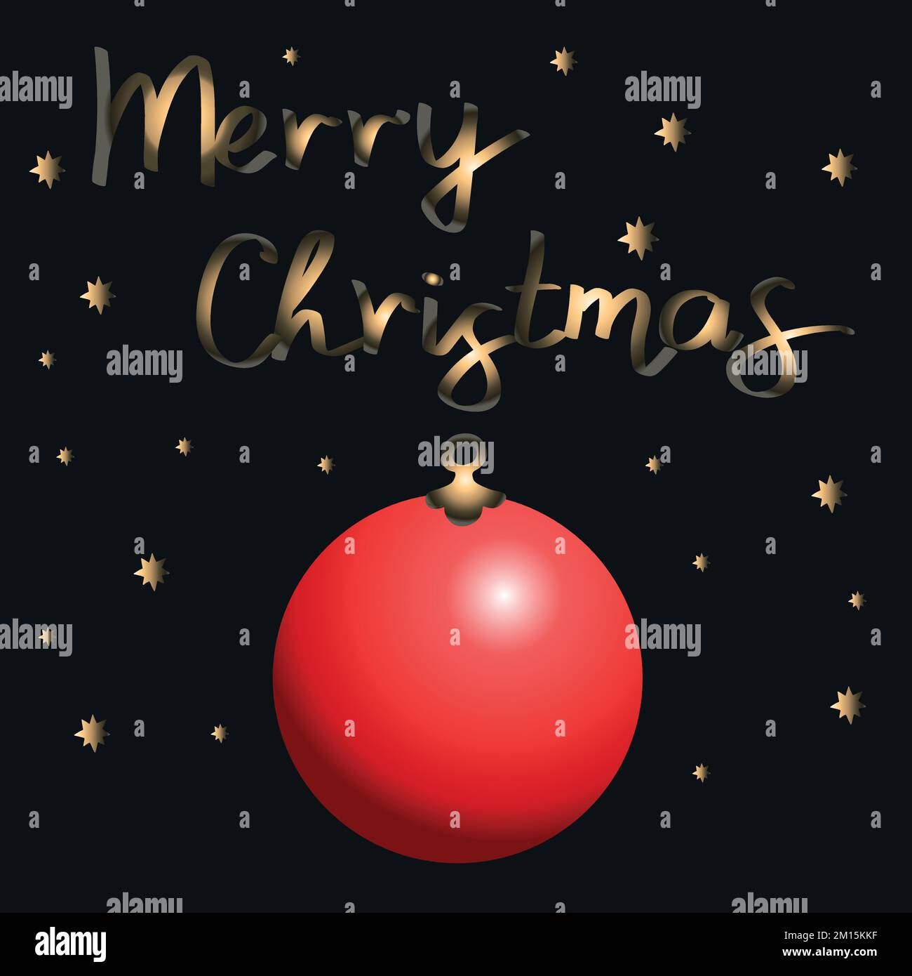 Red christmas ball on black background and handwriting Merry Christmas. Hand drawn art. Gold colored lettering Stock Vector