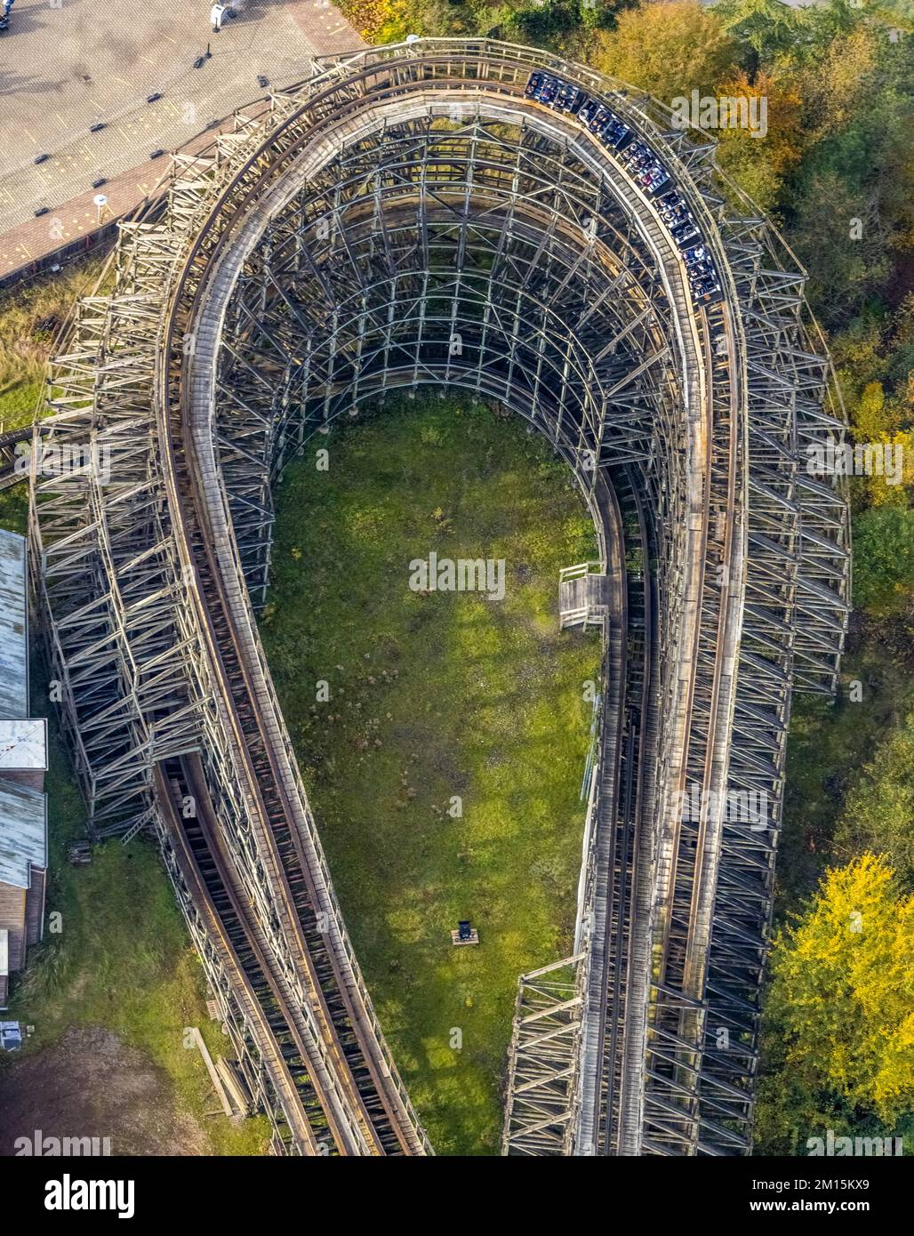 Aerial view, Movie Park Germany in the district Kirchhellen-Nord-Ost in Bottrop, Ruhr area, North Rhine-Westphalia, Germany, Roller coaster The Bandit Stock Photo