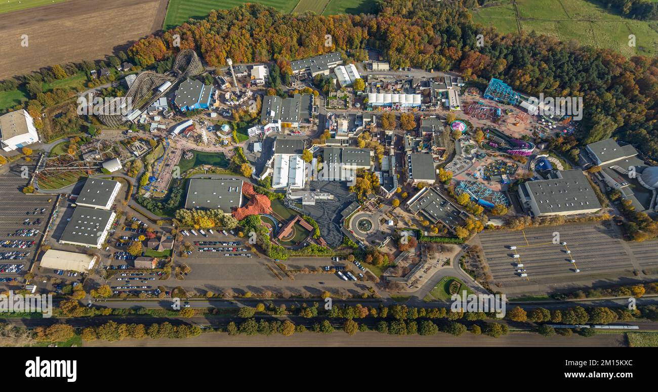 Aerial view, Movie Park Germany in the district Kirchhellen-Nord-Ost in Bottrop, Ruhr area, North Rhine-Westphalia, Germany, Bottrop, DE, Europe, Recr Stock Photo