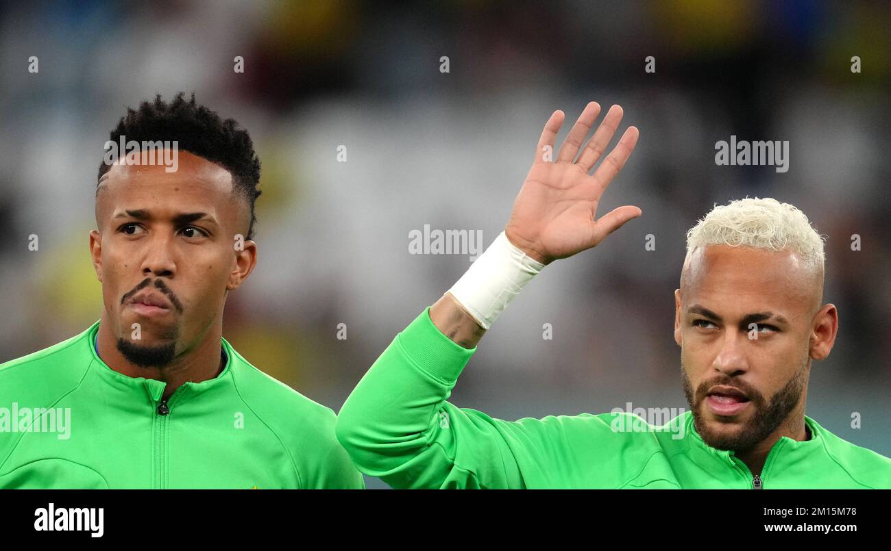 Brazil's Eder Militao and Neymar before the FIFA World Cup Quarter-Final match at the Education City Stadium in Al Rayyan, Qatar. Picture date: Friday December 9, 2022. Stock Photo