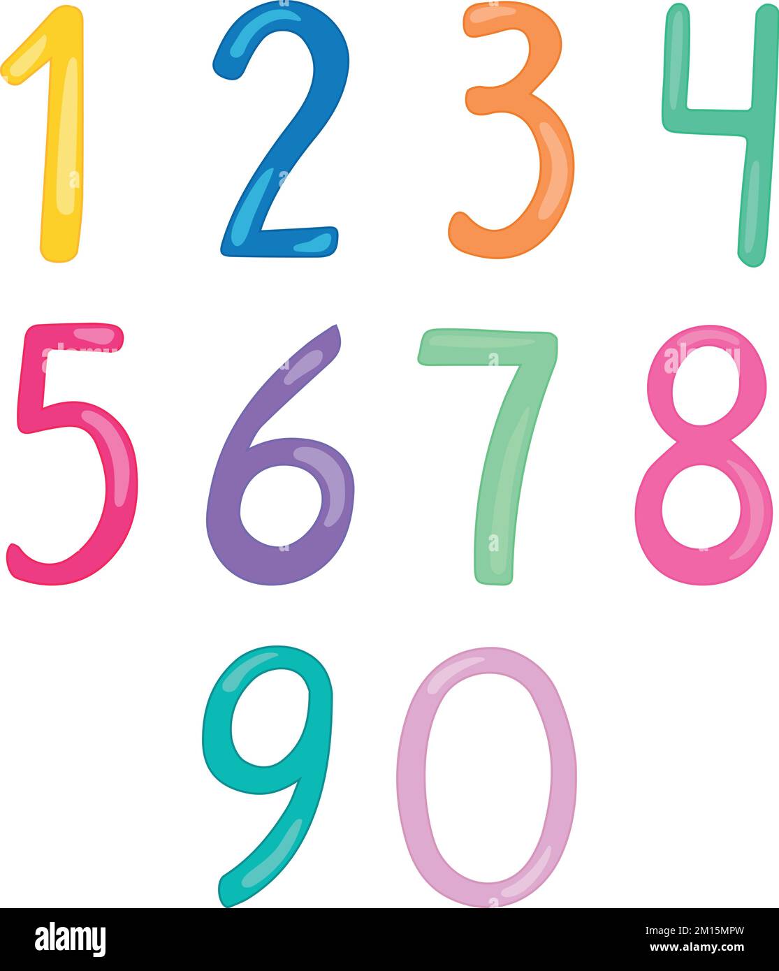 Cartoon color numbers from Zero to Nine. Hand drawn vector art. Rainbow