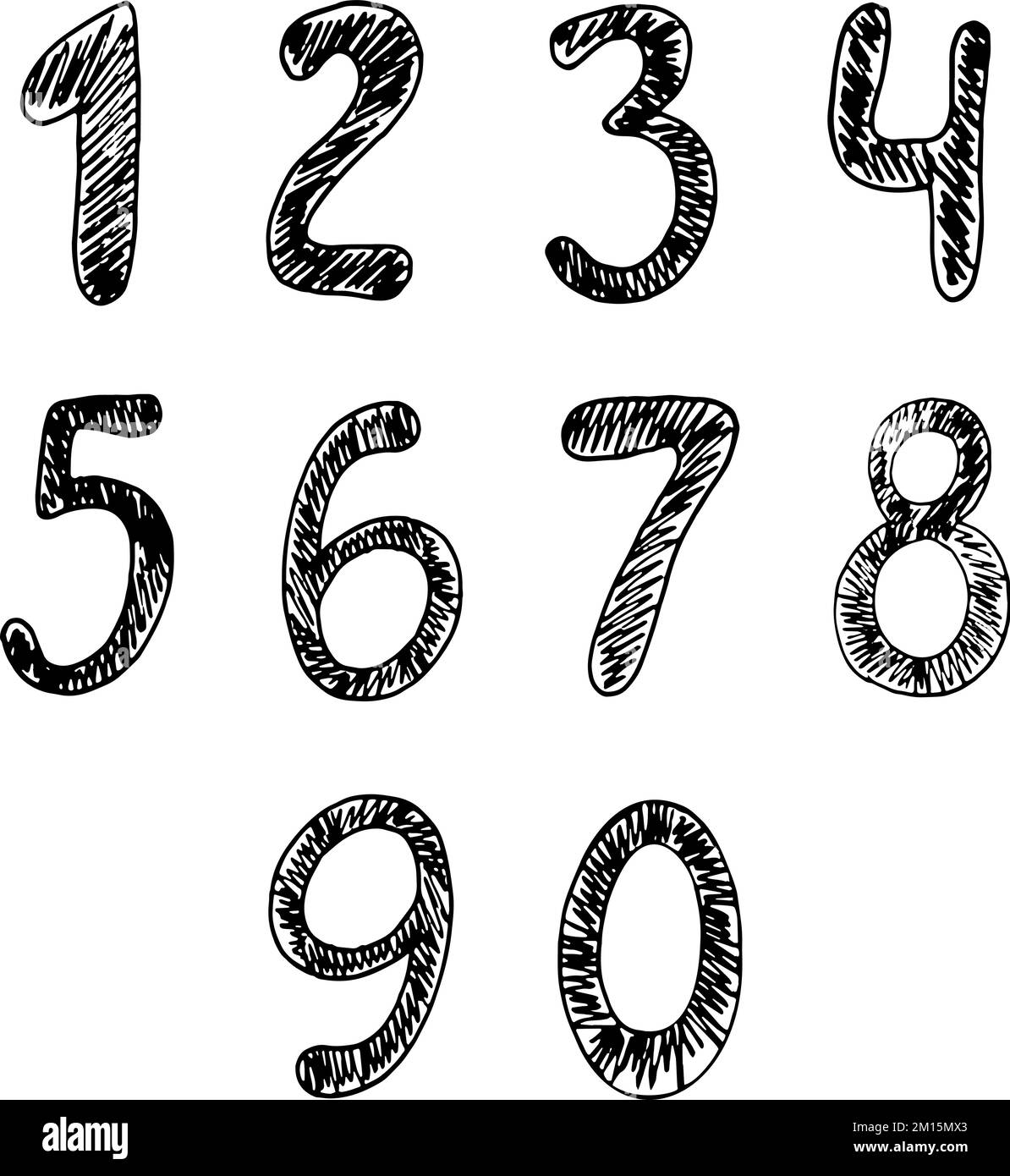 Hand drawn numbers from Zero to Nine. Black simple line with strokes. Vector art Stock Vector