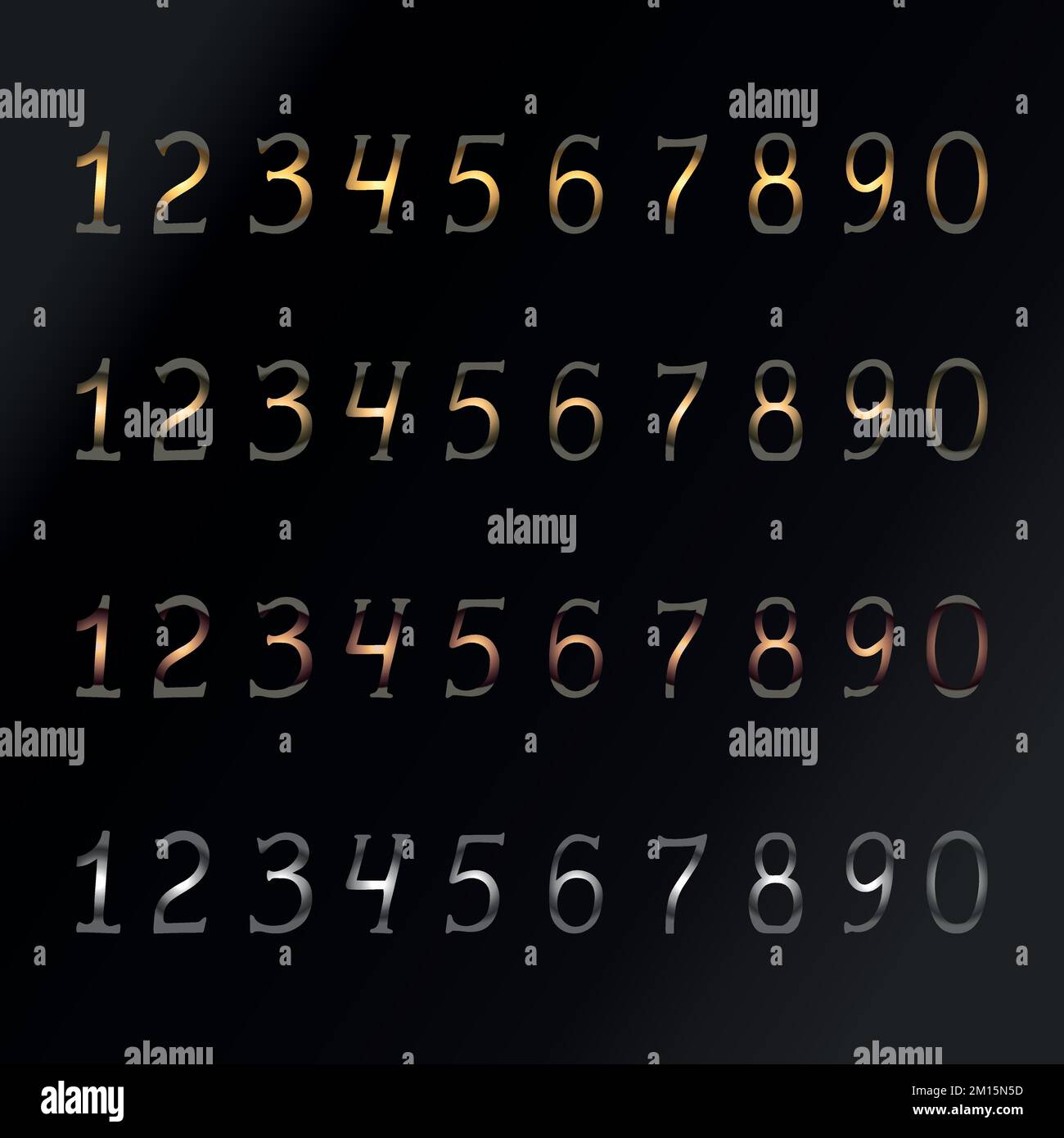 Set of numbers from Zero to Nine in different metall colors. Gold. Bronze. Silver. Black background. Hand drawn numbers. Vector art Stock Vector