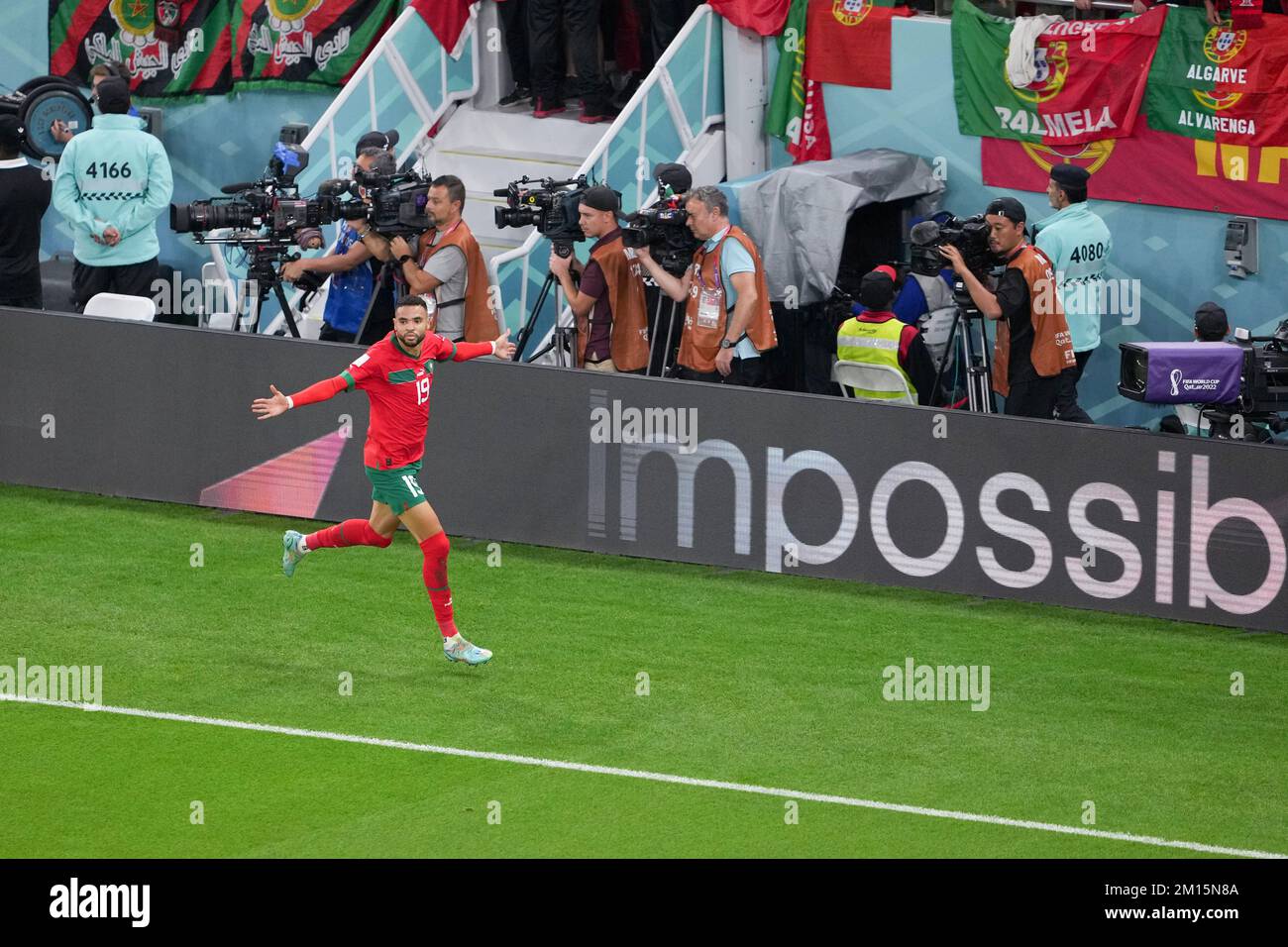 Doha, Qatar. 10th Dec, 2022. Youssef En-Nesyri of Morocco celebrates scoring during the Quarterfinal between Morocco and Portugal of the 2022 FIFA World Cup at Al Thumama Stadium in Doha, Qatar, Dec. 10, 2022. Credit: Zheng Huansong/Xinhua/Alamy Live News Stock Photo
