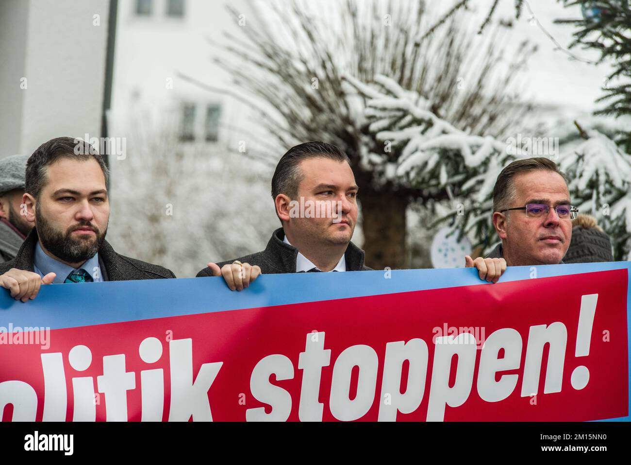 Illerkirchberg, Baden Wuerttemberg, Germany. 10th Dec, 2022. RUBEN RUPP, UDO STEIN, HANS JUERGEN GOSSNER of the AfD. In a move being criticized as a distraction from the Alternative for Germany's alleged connections with a Reichsbuerger and QAnon terrorist plot to topple the German government, the AfD alongside right-extremists rallied in the town of Illerkirchberg where this past week two schoolgirls were stabbed allegedly by an asylum seeker from Eritrea resulting in the death of one of them and the other being left in critical condition. Members of the AfD allege that the national an Stock Photo