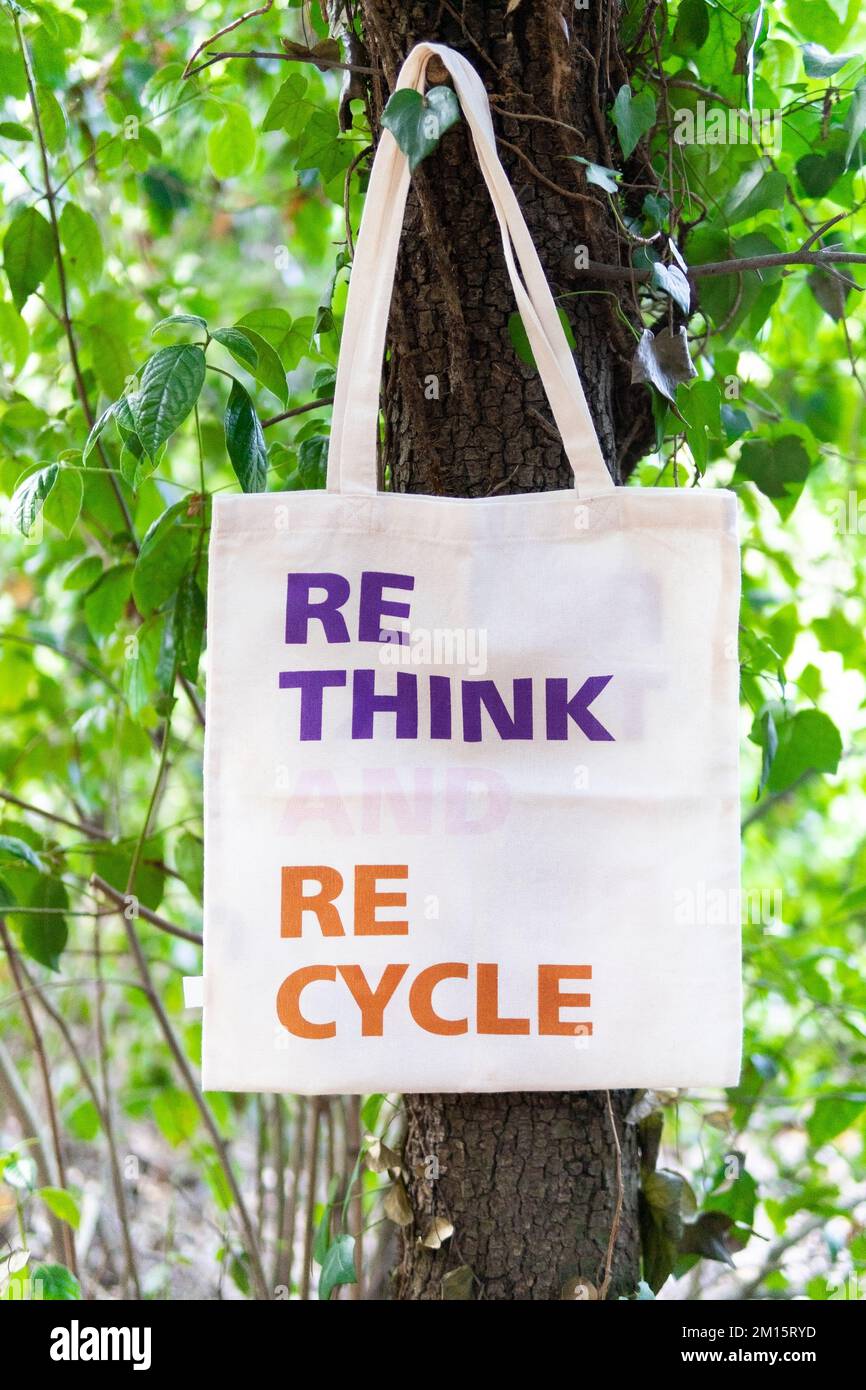 Environmentally friendly bag with Rethink Recycle written on surface hanging on tree trunk in green forest in summer Stock Photo