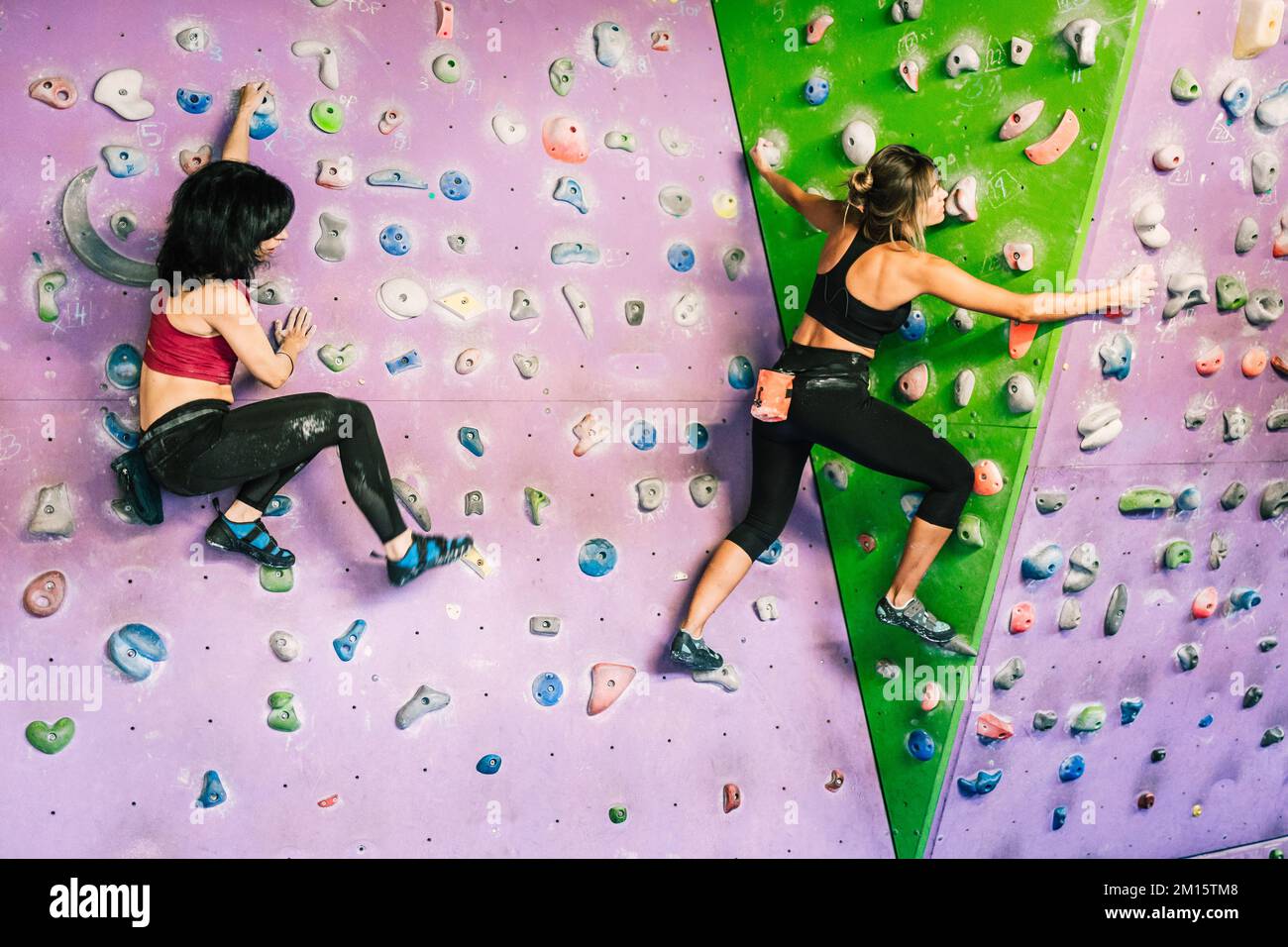 Full body female athletes climbing wall during workout in bouldering