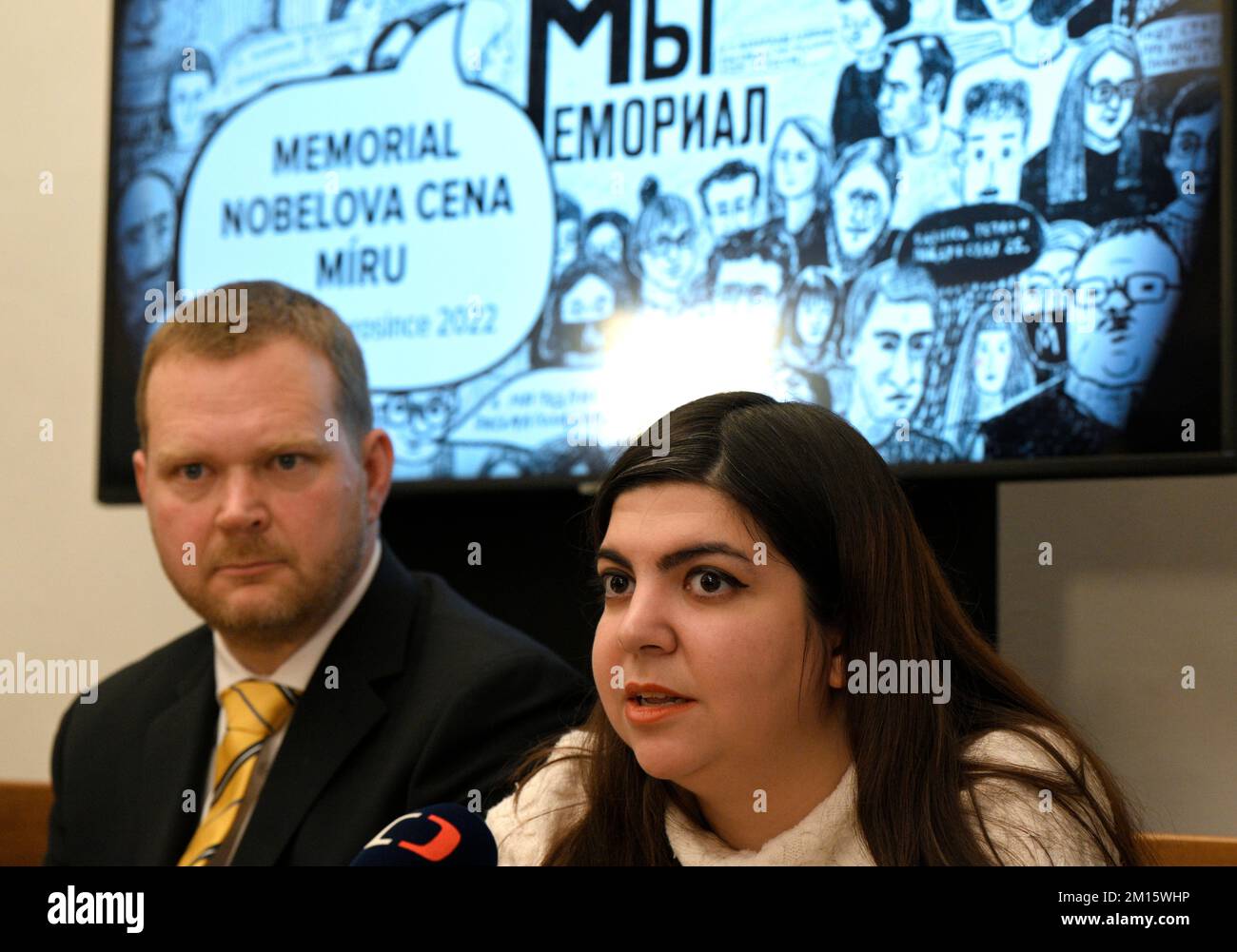 Stepan Cernousek, left, and Tamila Imanova of the Memorial association attend a press conference in Prague on occasion of the awarding of the Nobel Peace Prize to Memorial in Oslo today, on Saturday, December 10, 2022. Belenkin hopes that the Memorial human rights organisation, for which he works, will be able to keep working in Russia despite the very difficult circumstances, he said at a press conference. Along with Memorial, the Ukrainian human rights organisation Center for Civil Liberties and imprisoned Belarusian human rights advocate Ales Bialiatski who founded the Viasna human rights c Stock Photo