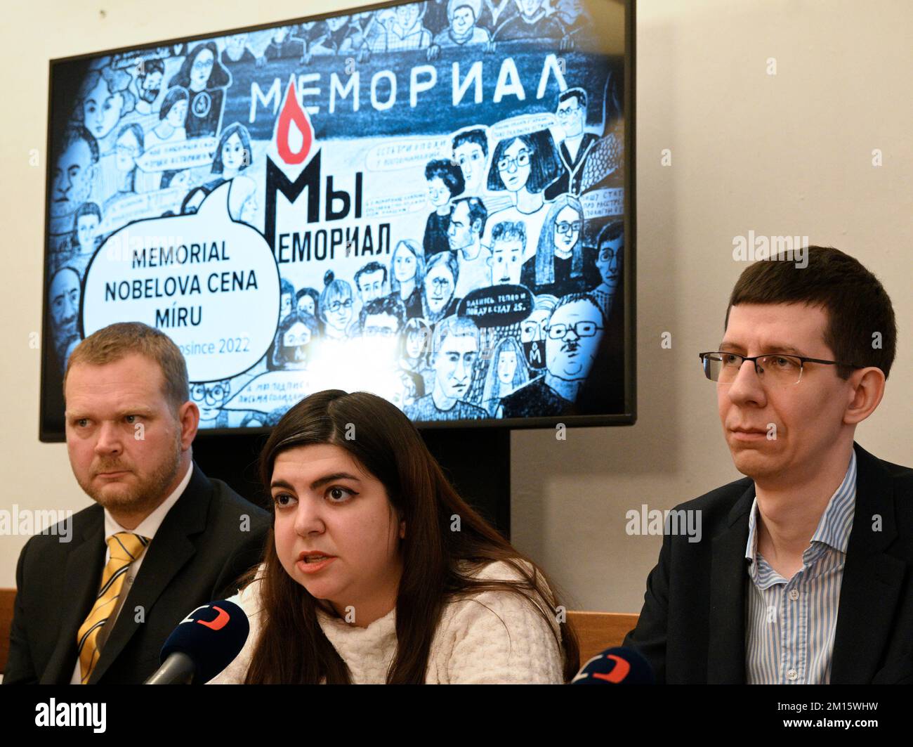 Stepan Cernousek, from left, Tamila Imanova and Igor Gukovsky of the Memorial association attend a press conference in Prague on occasion of the awarding of the Nobel Peace Prize to Memorial in Oslo today, on Saturday, December 10, 2022. Belenkin hopes that the Memorial human rights organisation, for which he works, will be able to keep working in Russia despite the very difficult circumstances, he said at a press conference. Along with Memorial, the Ukrainian human rights organisation Center for Civil Liberties and imprisoned Belarusian human rights advocate Ales Bialiatski who founded the Vi Stock Photo