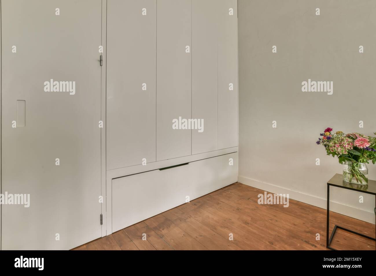 Interior of a modern house with clothes closets and file next to white walls Stock
