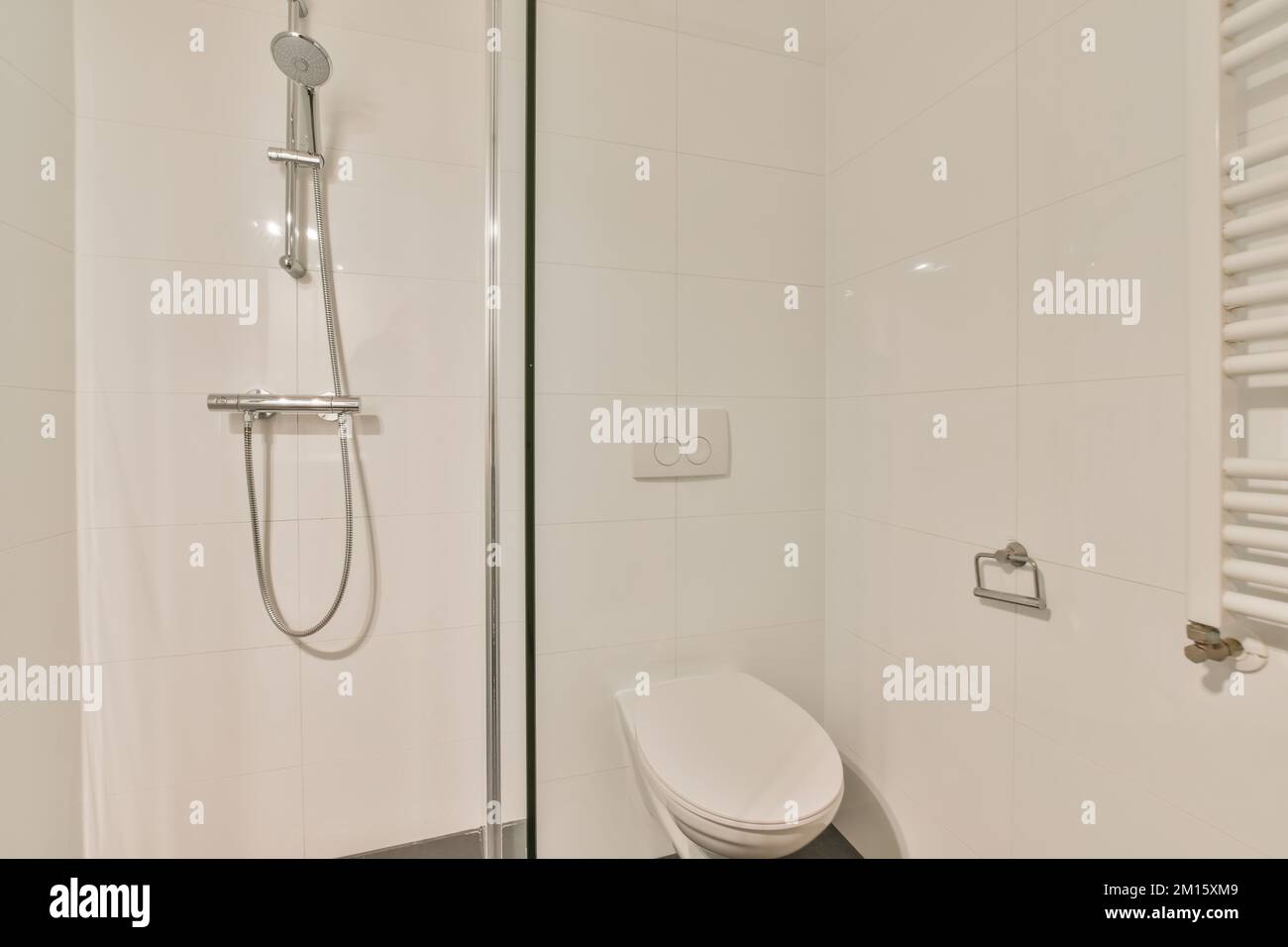 Interior of modern bathroom with white toilet bowl near glass wall of ...