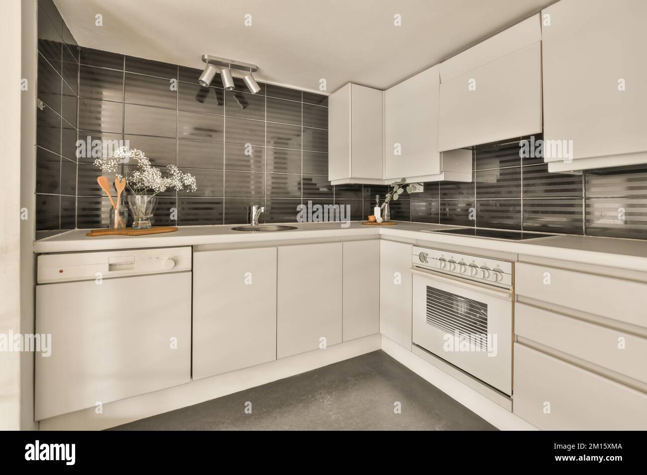 Counter with white cupboards and modern built in appliances placed