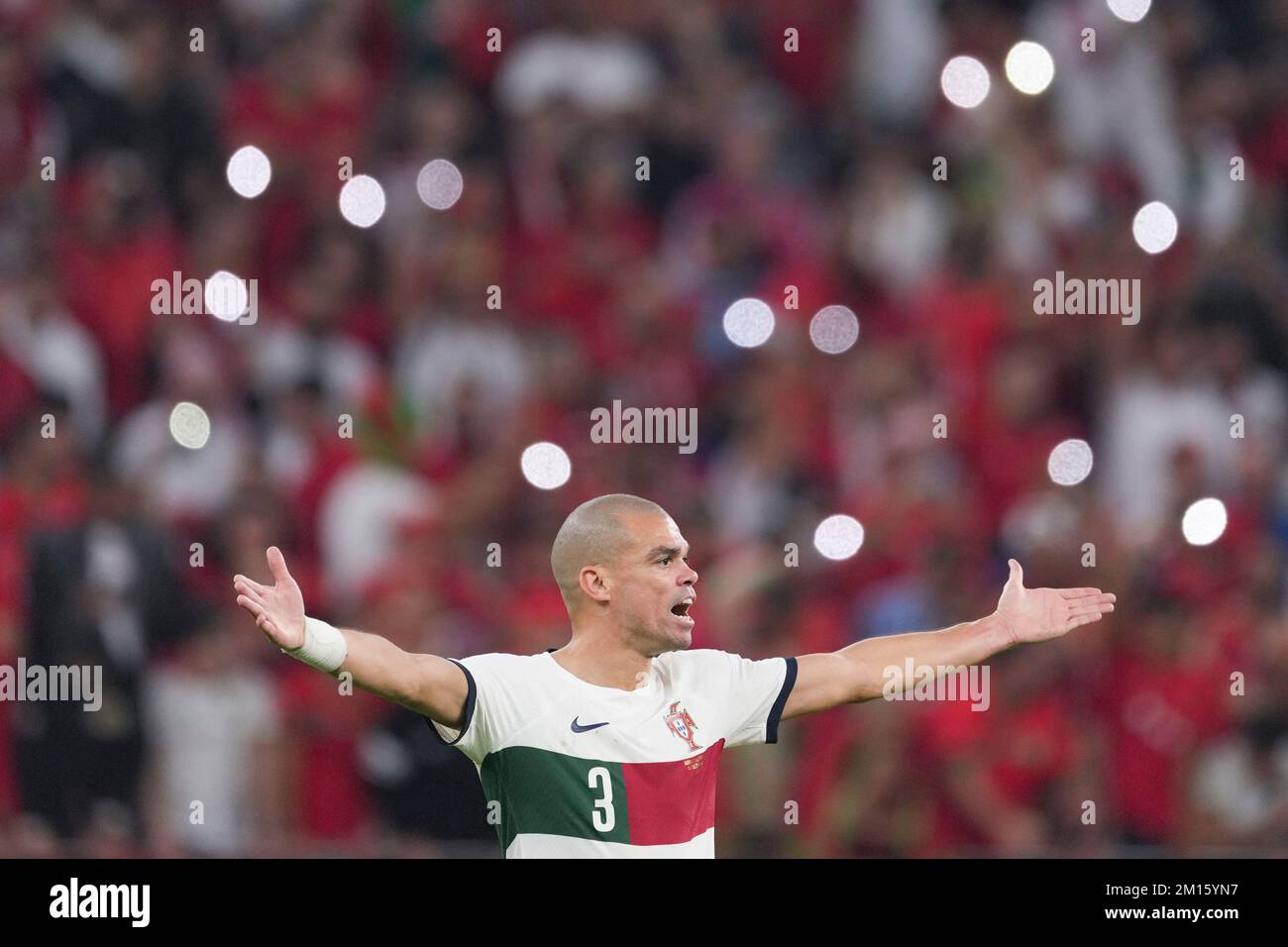 Doha, Qatar. 10th Dec, 2022. Pepe of Portugal reacts during the Quarterfinal between Morocco and Portugal of the 2022 FIFA World Cup at Al Thumama Stadium in Doha, Qatar, Dec. 10, 2022. Credit: Xiao Yijiu/Xinhua/Alamy Live News Stock Photo