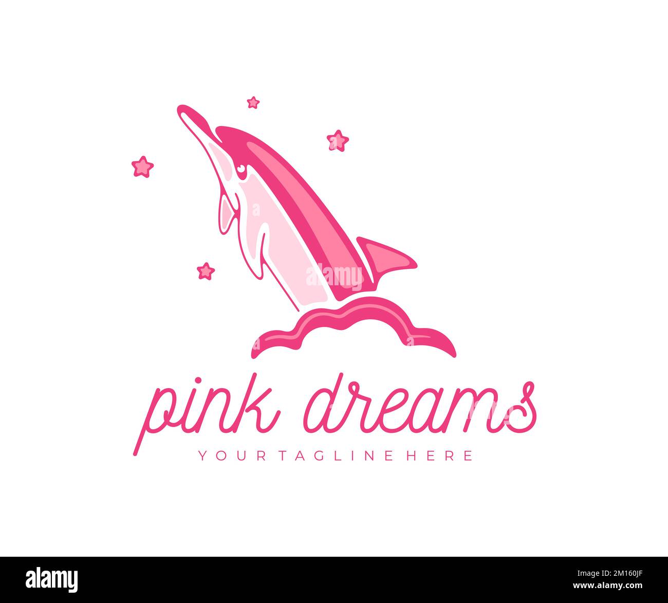 Dolphin jumps out of the cloud, sky and stars, logo design. Dreams, fantasy, marine life, animals and fish, vector design and illustration Stock Vector