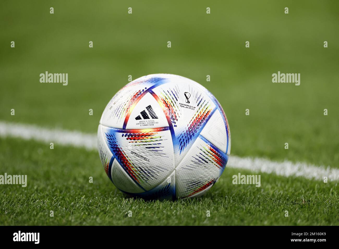 DOHA - Qatar, 10/12/2022,DOHA - World Cup ball during the FIFA World Cup Qatar 2022 quarterfinal match between Morocco and Portugal at Al Thumama Stadium on December 10, 2022 in Doha, Qatar. ANP KOEN VAN WEEL netherlands out - belgium out Credit: ANP/Alamy Live News Stock Photo