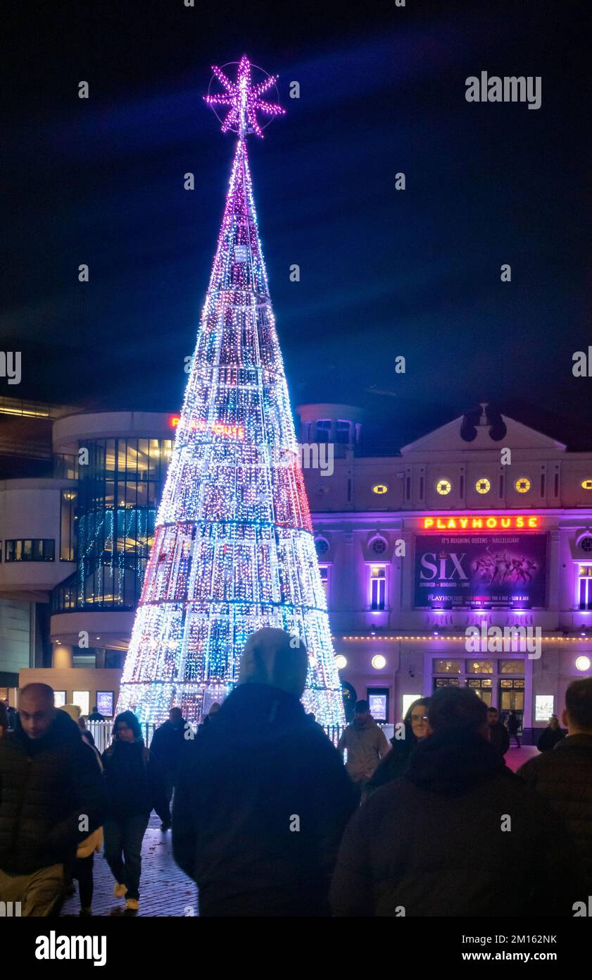 Large electronic lighted Christmas tree seen at night in Williamson Square in Liverpool Stock Photo