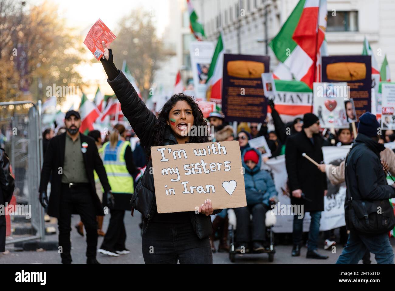 London, UK. 10 December 2022. Protest in solidarity with the women of Iranian protesters march from London Eye to Downing Street in commemoration of Human Rights Day. Credit: Andrea Domeniconi/Alamy Live News Stock Photo