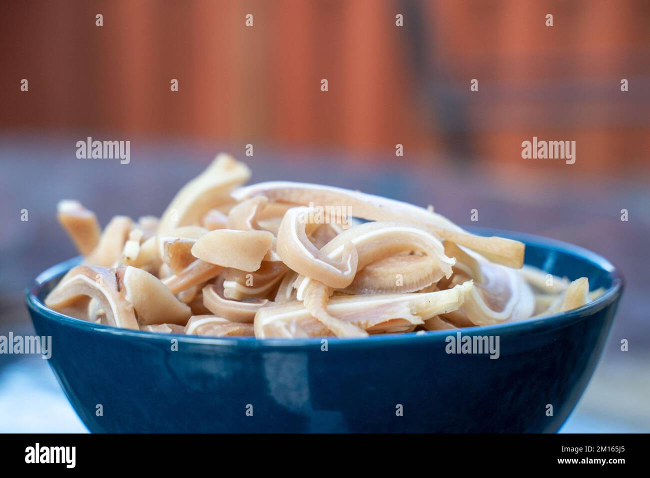 Cooked pork ears. Vietnamese cuisine traditionally includes pork parts such as intestine, pork