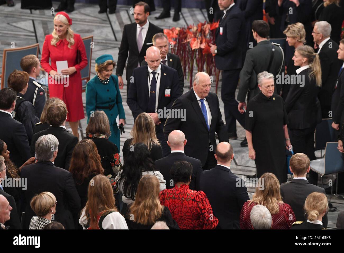 Oslo, Norway. 10th Dec, 2022. Crown Princess Mette-Marit of Norway, Crown Prince Haakon of Norway, Queen Sonja of Norway, King Harald V of Norway and Norwegian Nobel Committee chairwoman Berit Reiss-Andersen attend the 2022 Nobel Peace Prize award ceremony at the City Hall in Oslo, Norway on December 10, 2022. Photo by Paul Treadway/ Credit: UPI/Alamy Live News Stock Photo