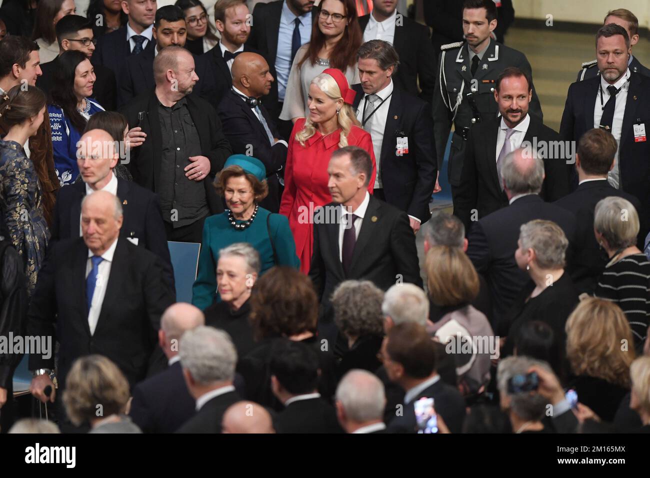 Oslo, Norway. 10th Dec, 2022. King Harald V of Norway, Norwegian Nobel Committee chairwoman Berit Reiss-Andersen, Queen Sonja of Norway, Crown Princess Mette-Marit of Norway and Crown Prince Haakon of Norway attend the 2022 Nobel Peace Prize award ceremony at the City Hall in Oslo, Norway on December 10, 2022. Photo by Paul Treadway/ Credit: UPI/Alamy Live News Stock Photo