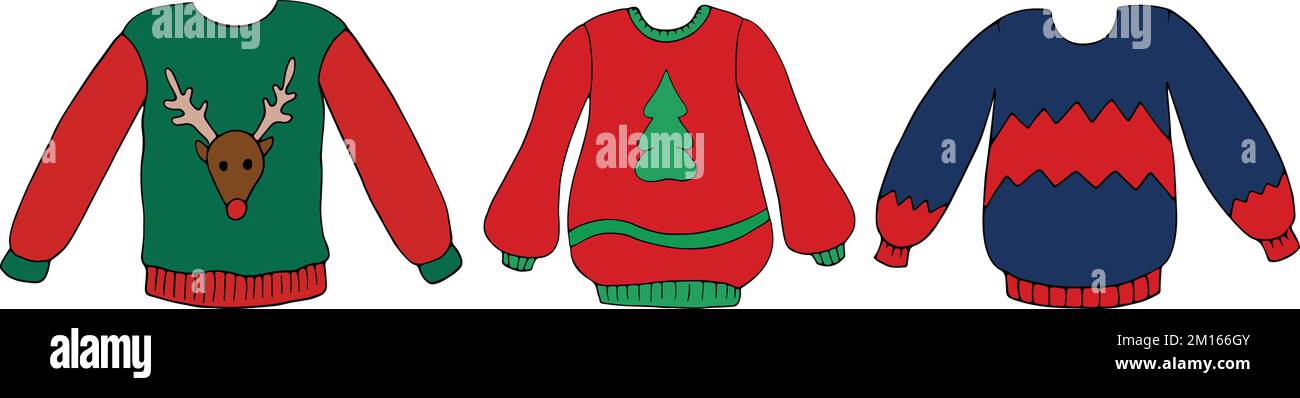 Hand drawn set of winter warm ugly sweaters. Winter clothes. Vector illustration. Winter and Christmas theme Stock Vector