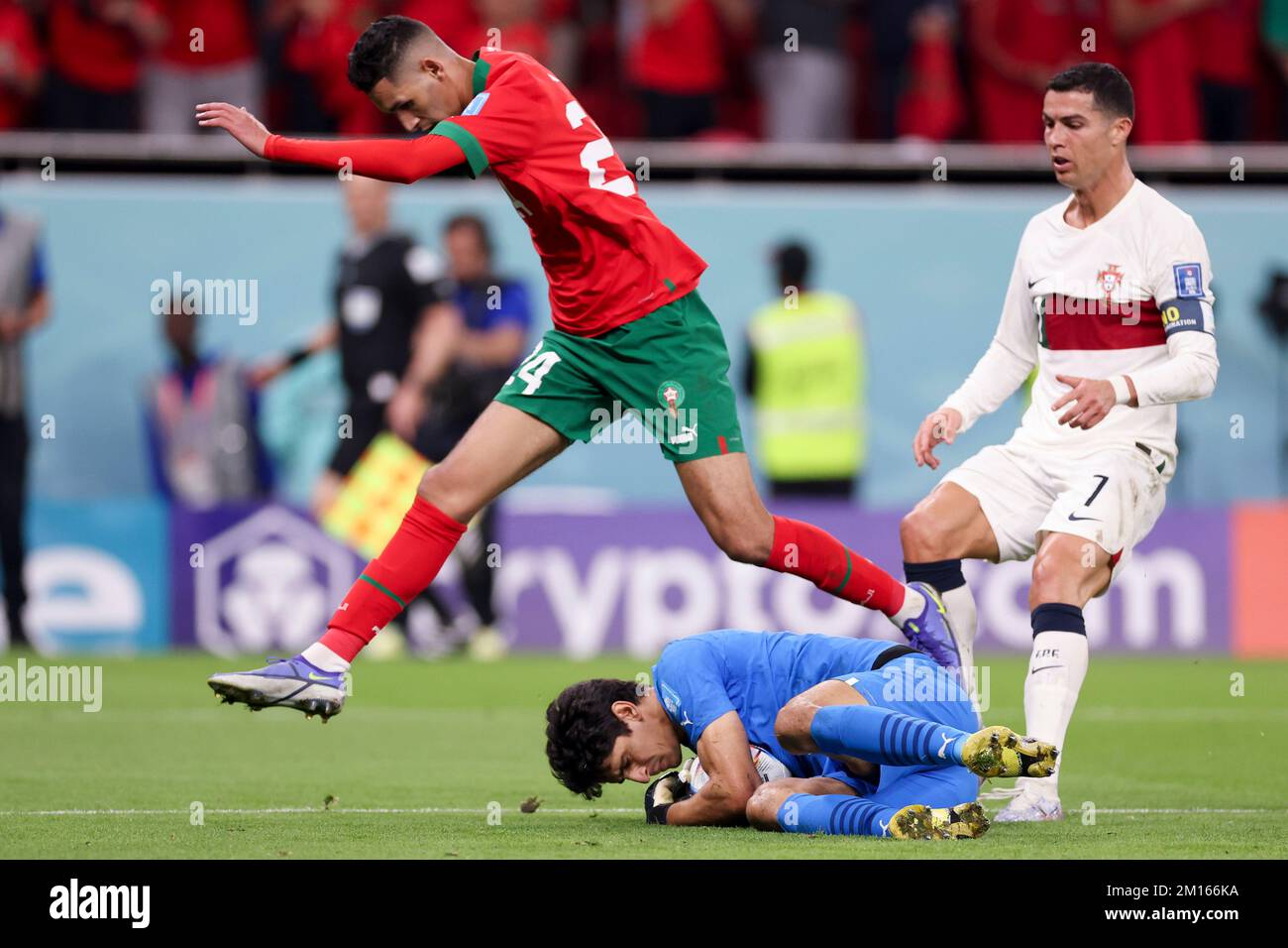 Doha, Qatar. 10th Dec, 2022. Yassine Bounou, goalkeeper of Morocco, makes a save during the Quarterfinal between Morocco and Portugal of the 2022 FIFA World Cup at Al Thumama Stadium in Doha, Qatar, Dec. 10, 2022. Credit: Li Gang/Xinhua/Alamy Live News Stock Photo