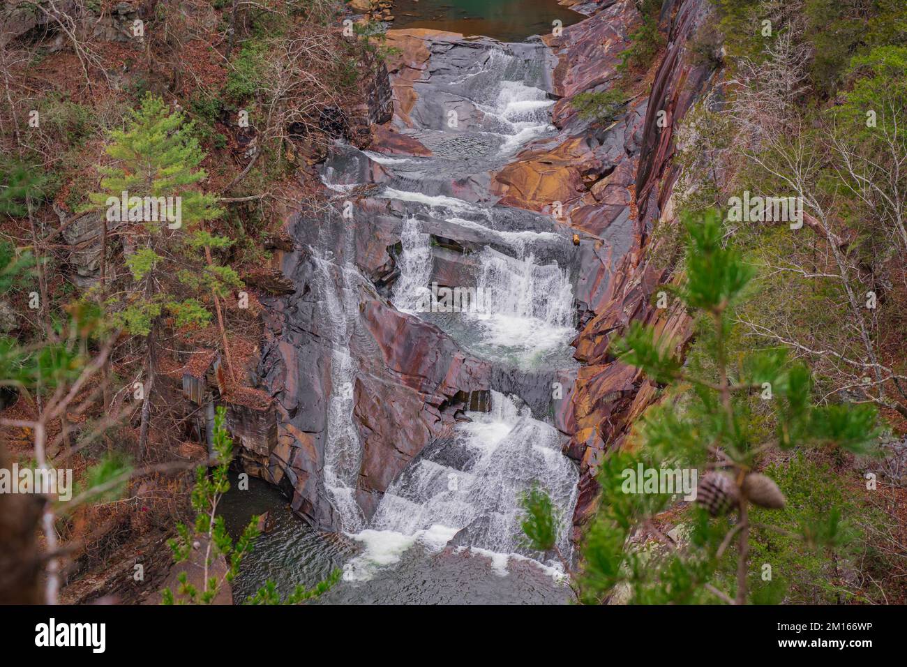 Tallulah Falls, northeast of Atlanta, Habersham & Rabun County, Georgia. They are a series of six waterfalls cascading through ancient Tallulah Gorge Stock Photo