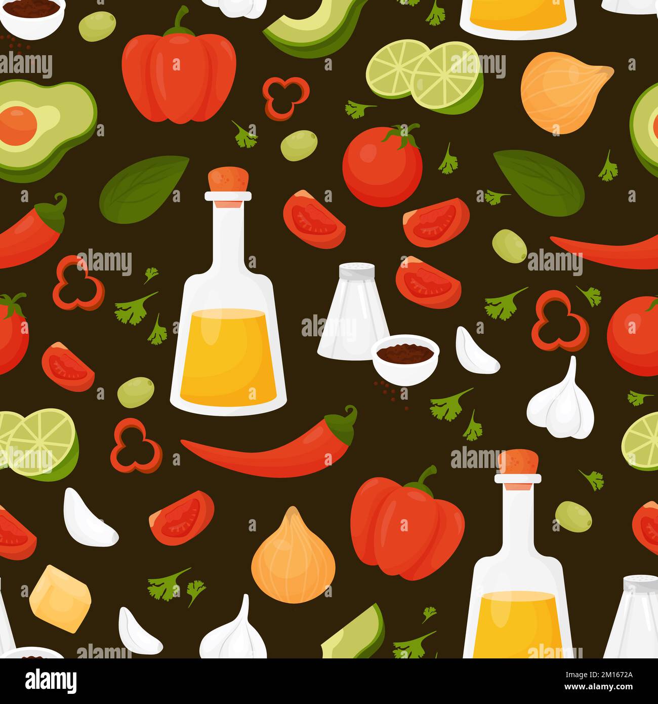 Seamless pattern with natural vegetables and fruits on black background. Vector illustration. Stock Vector