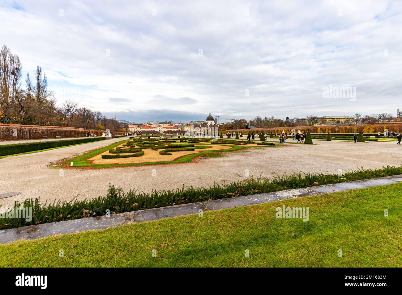 Cityscape with the garden of Schloss Belvedere in Vienna. Belvedere Castle during the Christmas holidays. Stock Photo