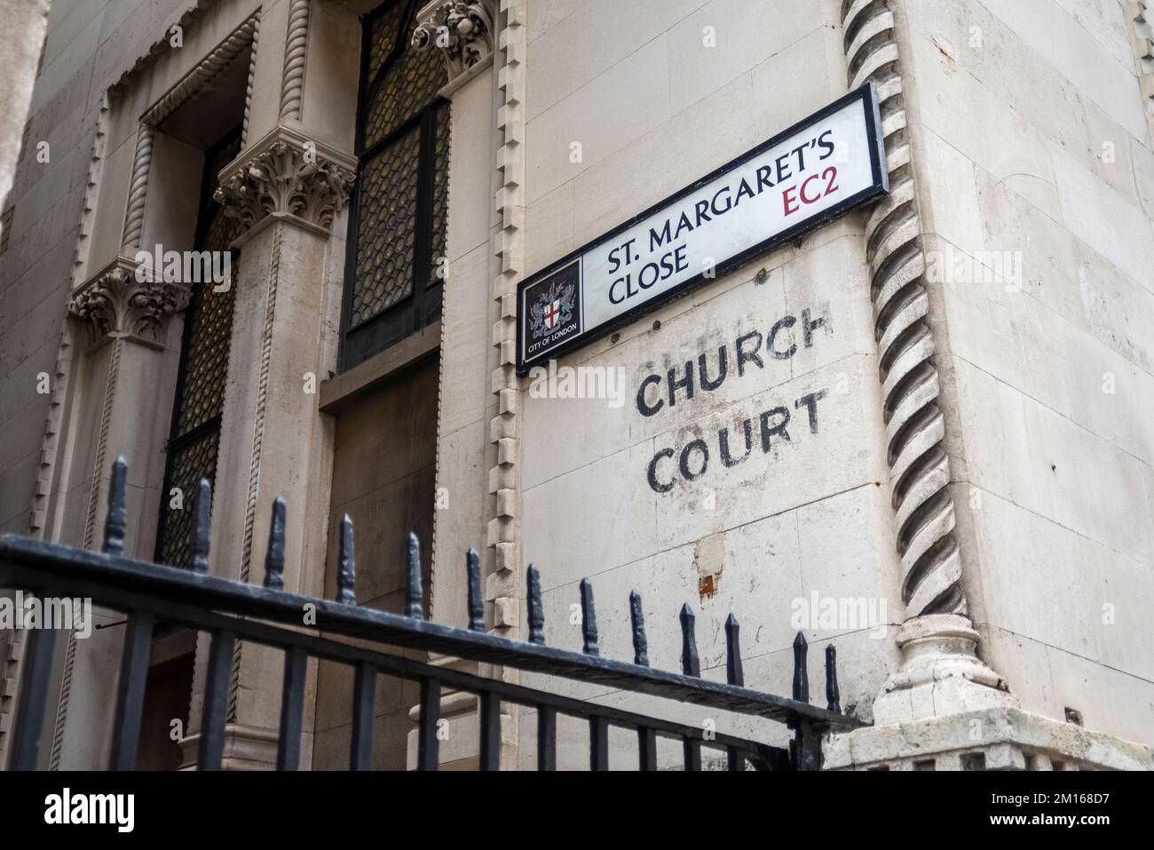 St Margaret's Close, EC2, with old Church Court faded lettering, in the