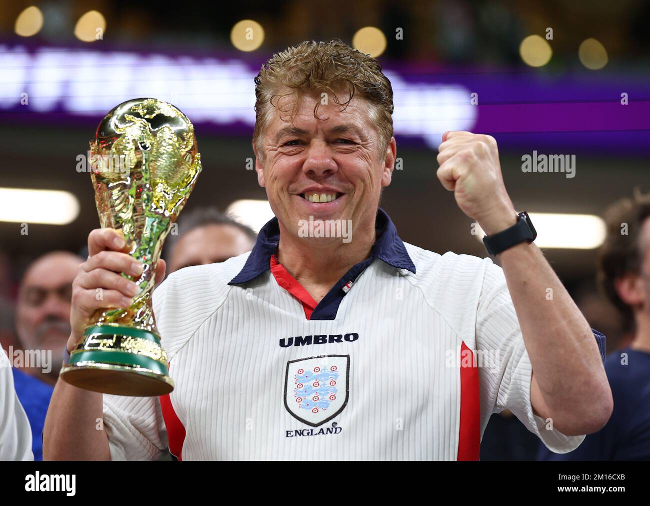 Al Khor, Qatar, 10th December 2022.   England fan with replica World Cup during the FIFA World Cup 2022 match at Al Bayt Stadium, Al Khor. Picture credit should read: David Klein / Sportimage Credit: Sportimage/Alamy Live News Stock Photo