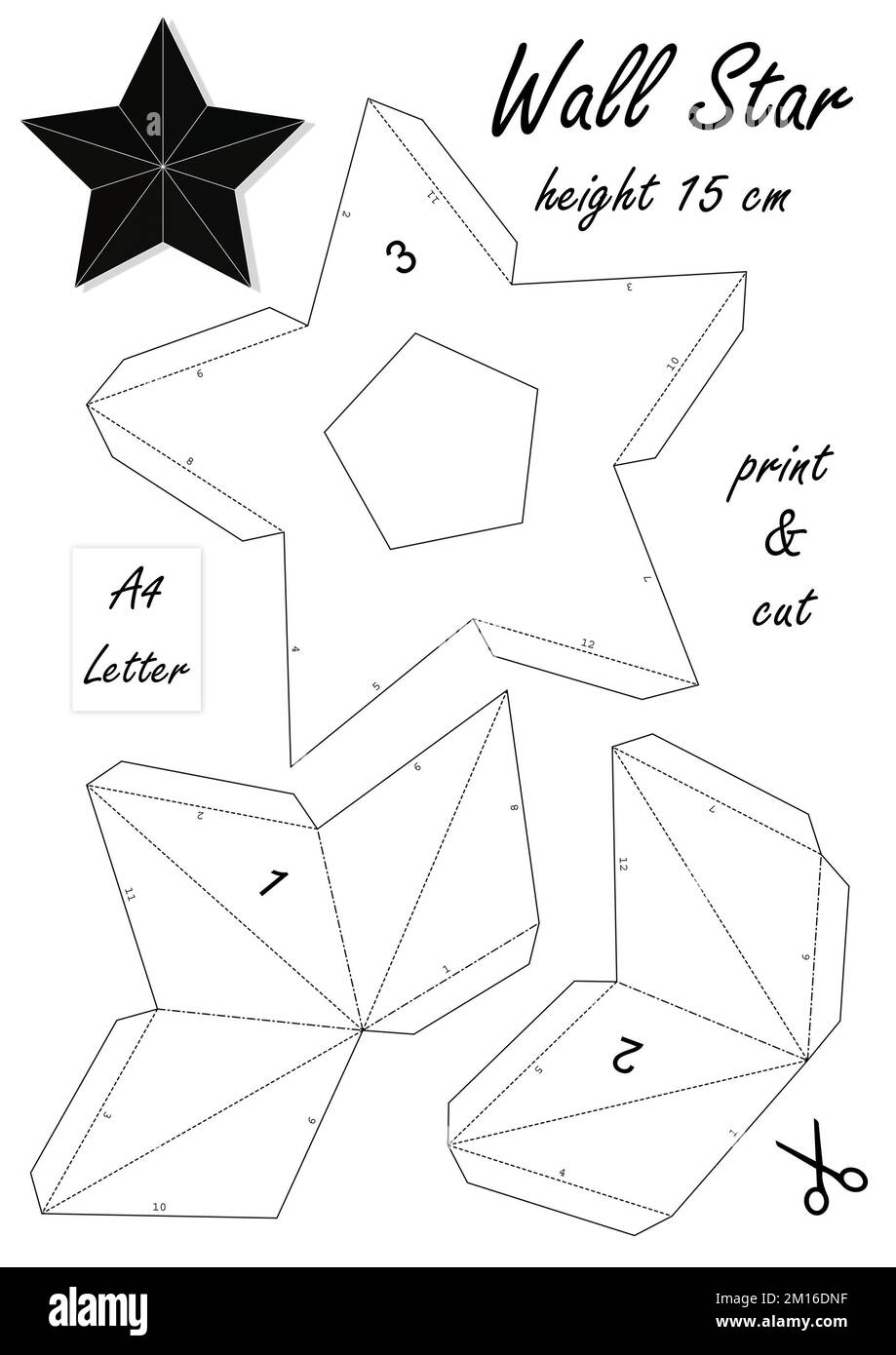 DIY 3D Wall Star. Print Cut and Glue. Paper Wall art. Print the template on A4 or Letter sheet and get the figure size height 15 cm Stock Photo