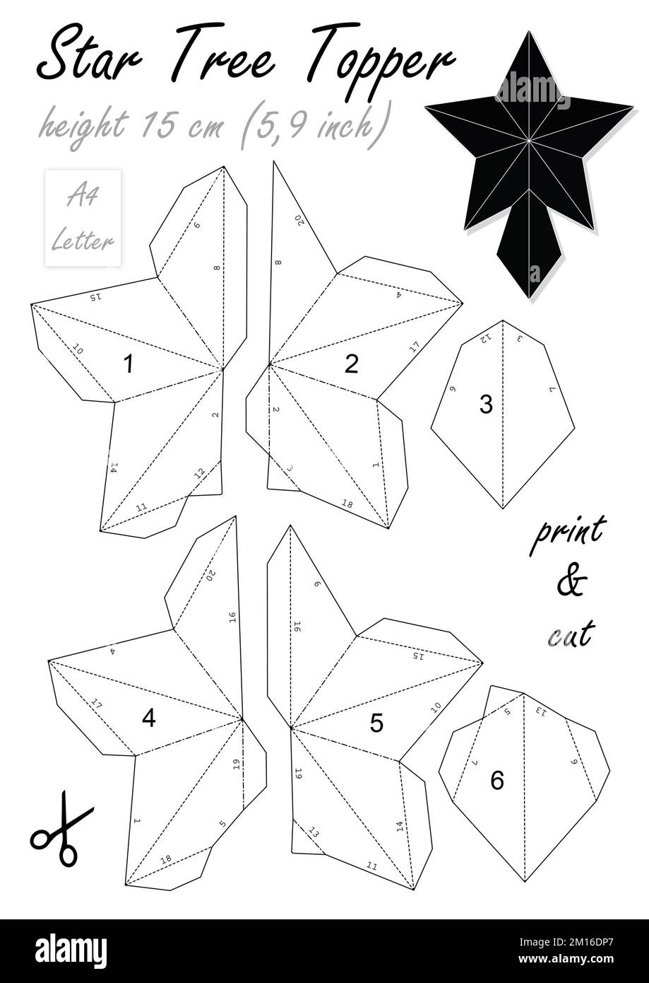 DIY 3D Star Tree Topper. Print Cut and Glue. Christmas toy. Print the template on A4 or Letter sheet and get the figure size height 15 cm Stock Photo