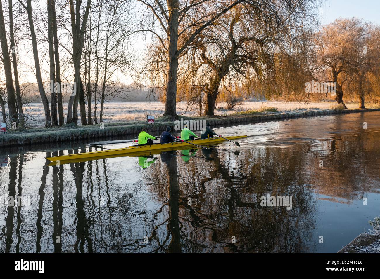 Rowers from Guildford Rowing Club on the River Wey on a cold frosty