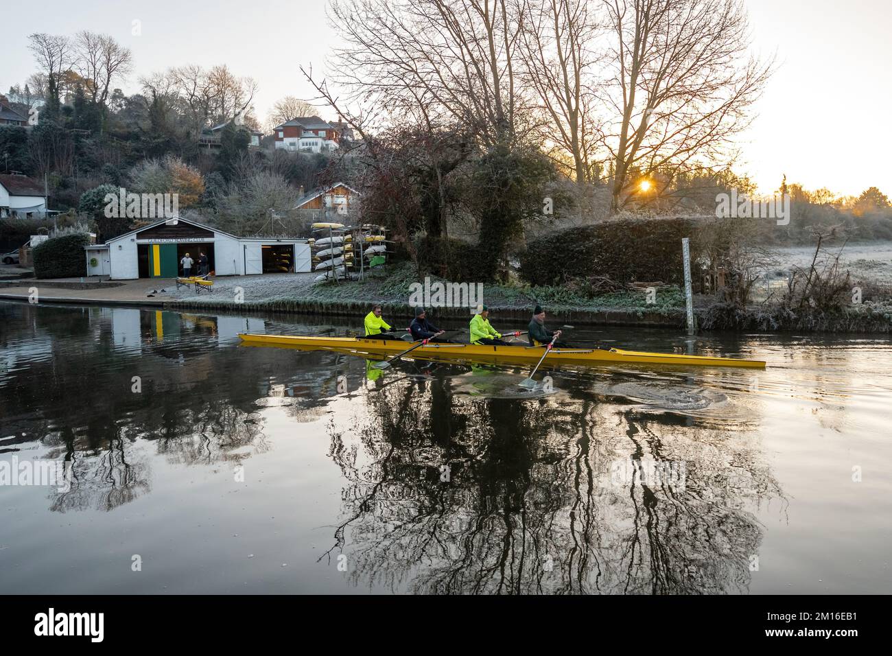Rowers from Guildford Rowing Club on the River Wey on a cold frosty