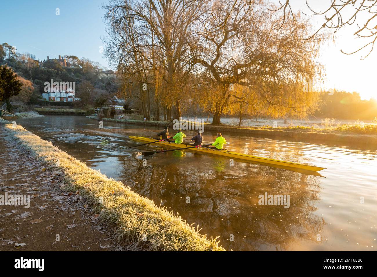 Rowers from Guildford Rowing Club on the River Wey on a cold frosty