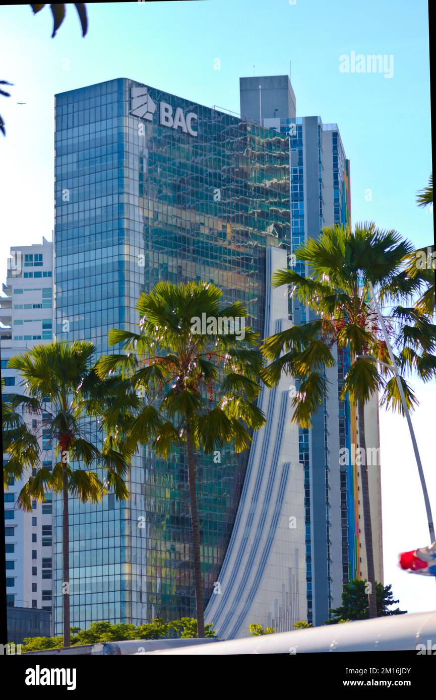 bank building in panama city, palm trees in front Stock Photo