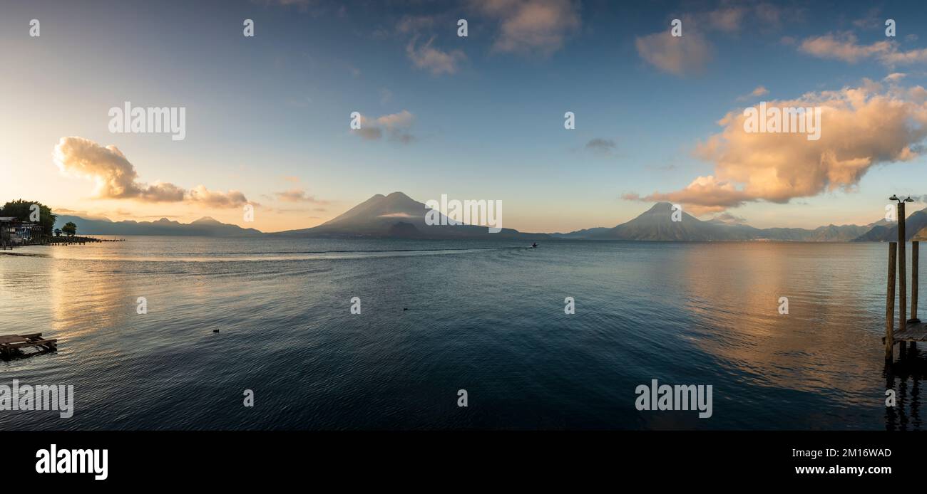 Panoramic view of lake Atitlan at sunrise Stock Photo