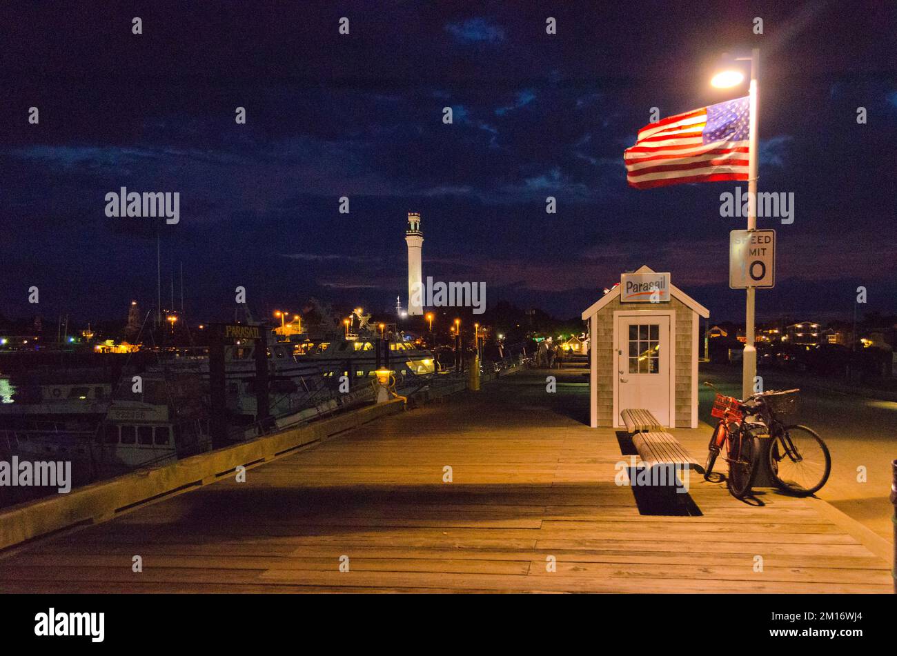 MacMillan Pier After Dark.. Pilgrim Monument. Provincetown, Massachusetts. Cape Cod Stock Photo