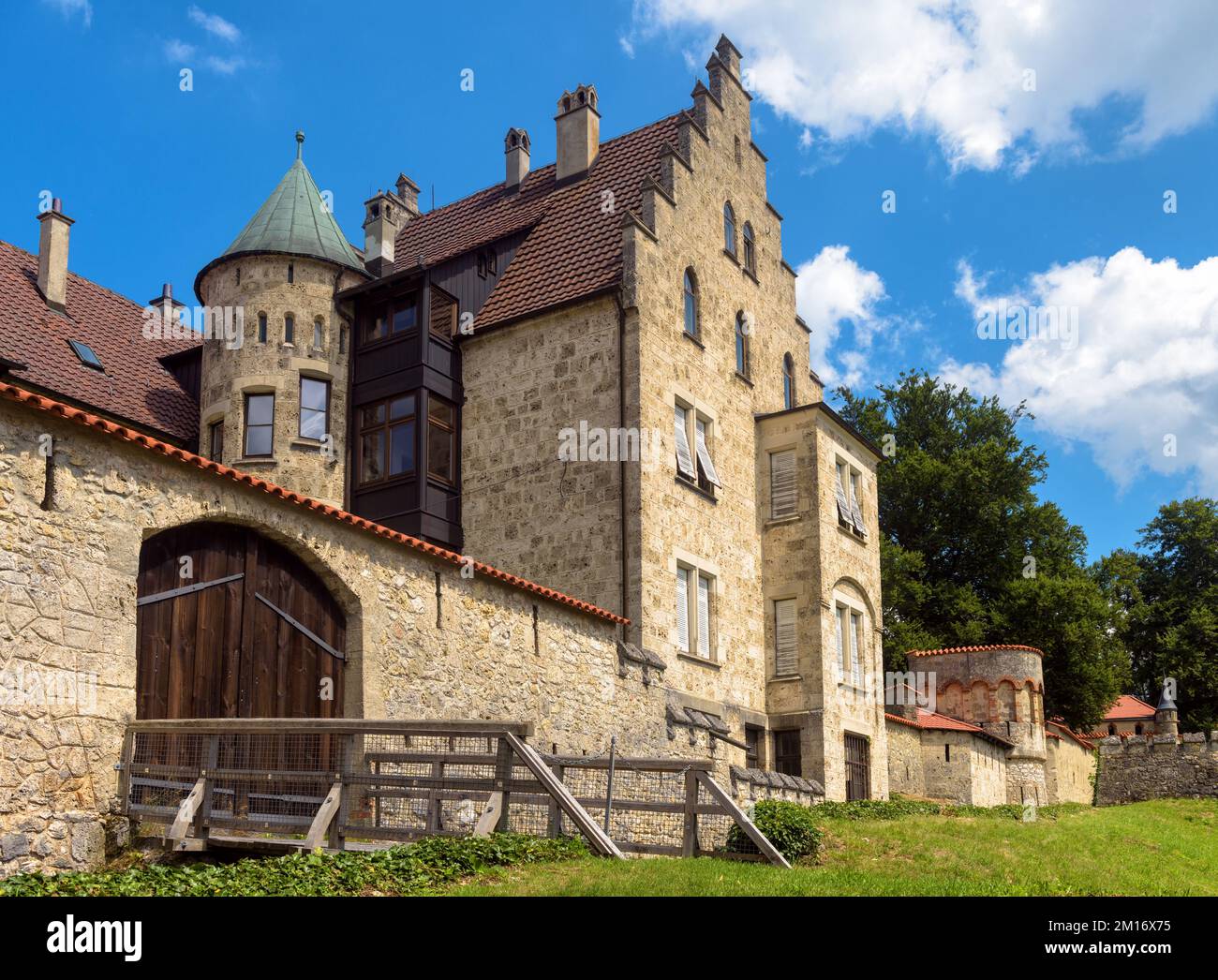 Old house at Lichtenstein Castle, Germany, Europe. This place is landmark of Schwarzwald. Vintage German mansion in medieval style in Baden-Wurttember Stock Photo
