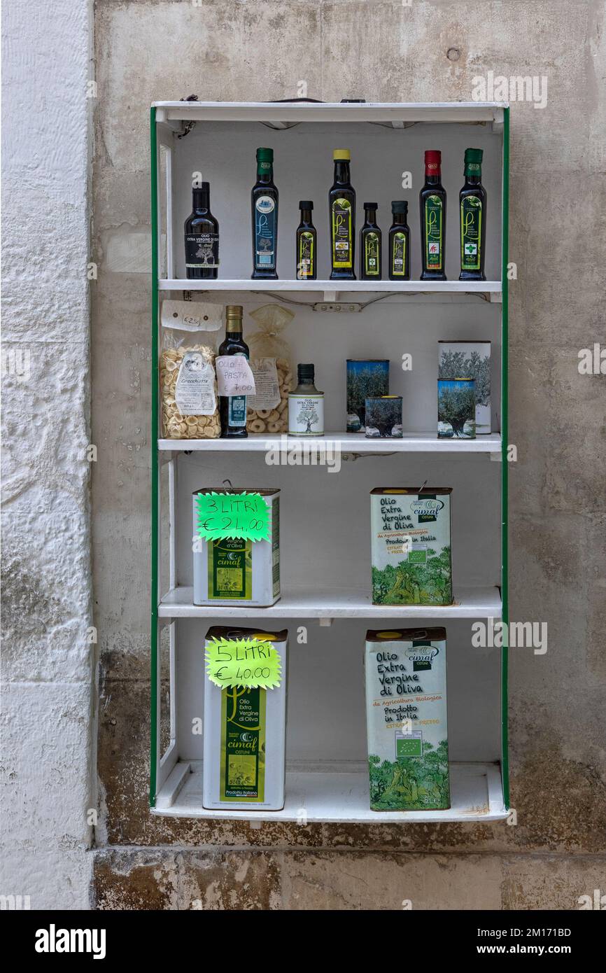 OSTUNI, ITALY OCTOBER 18, 2022 Bottles and tins of locally produced