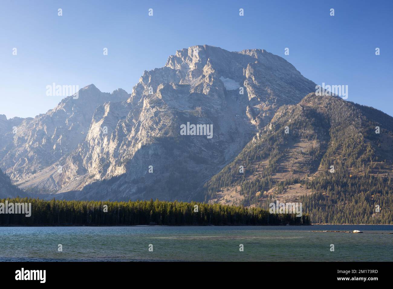 Mount Moran towering over the clear waters of Leigh Lake. Grand Teton National Park, Wyoming Stock Photo