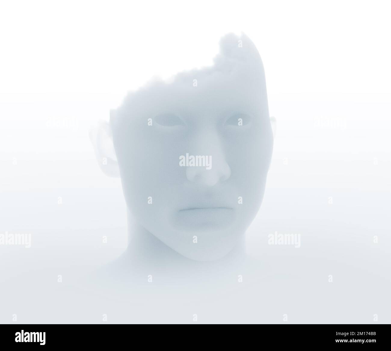 Head in the clouds, cloud effect. A person's face formed by clouds. Dreamer, ideas and imagination. Lightness and carefree. 3d rendering Stock Photo